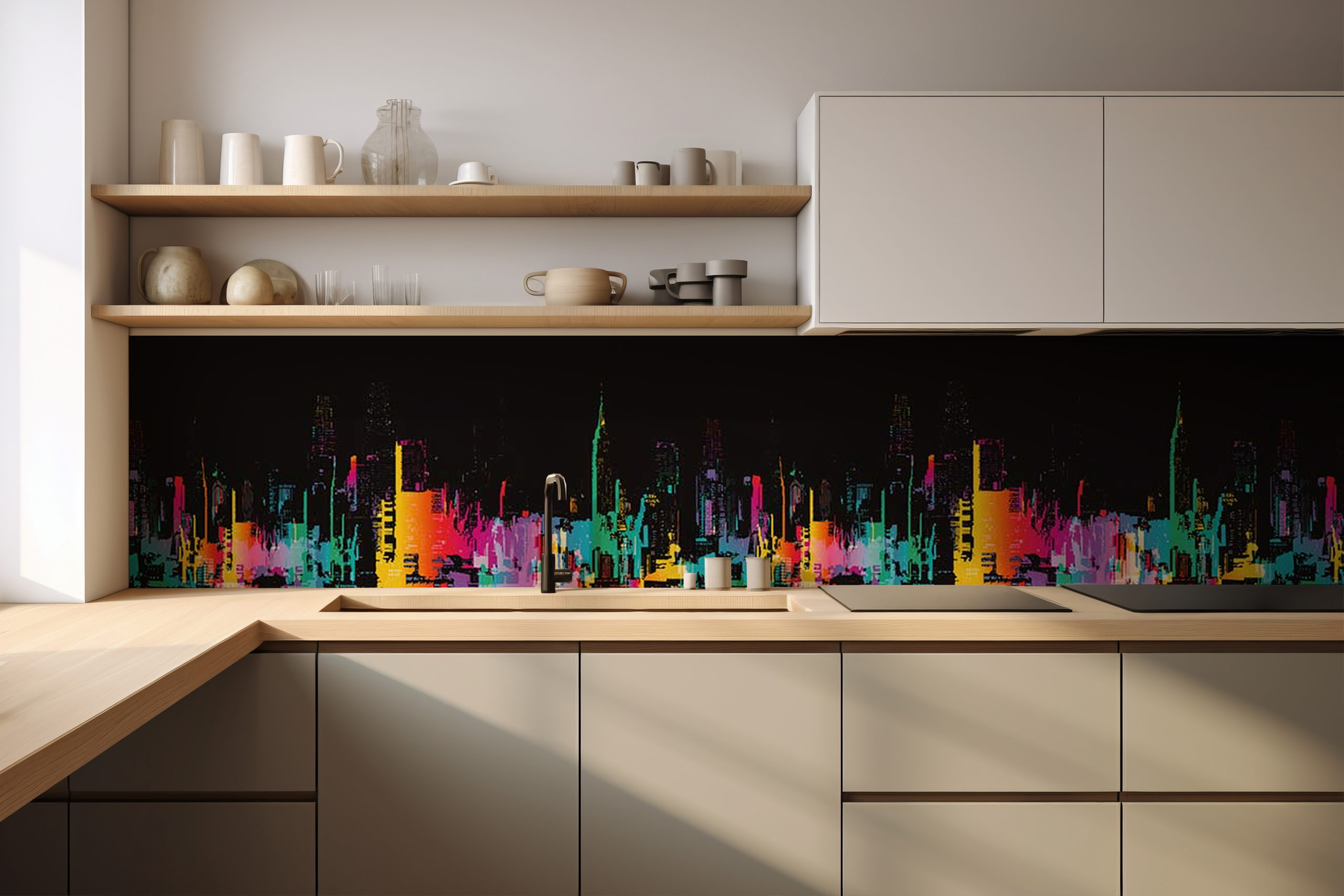 Küchenrückwand Bunte Stadt – selbstklebend in Glasoptik