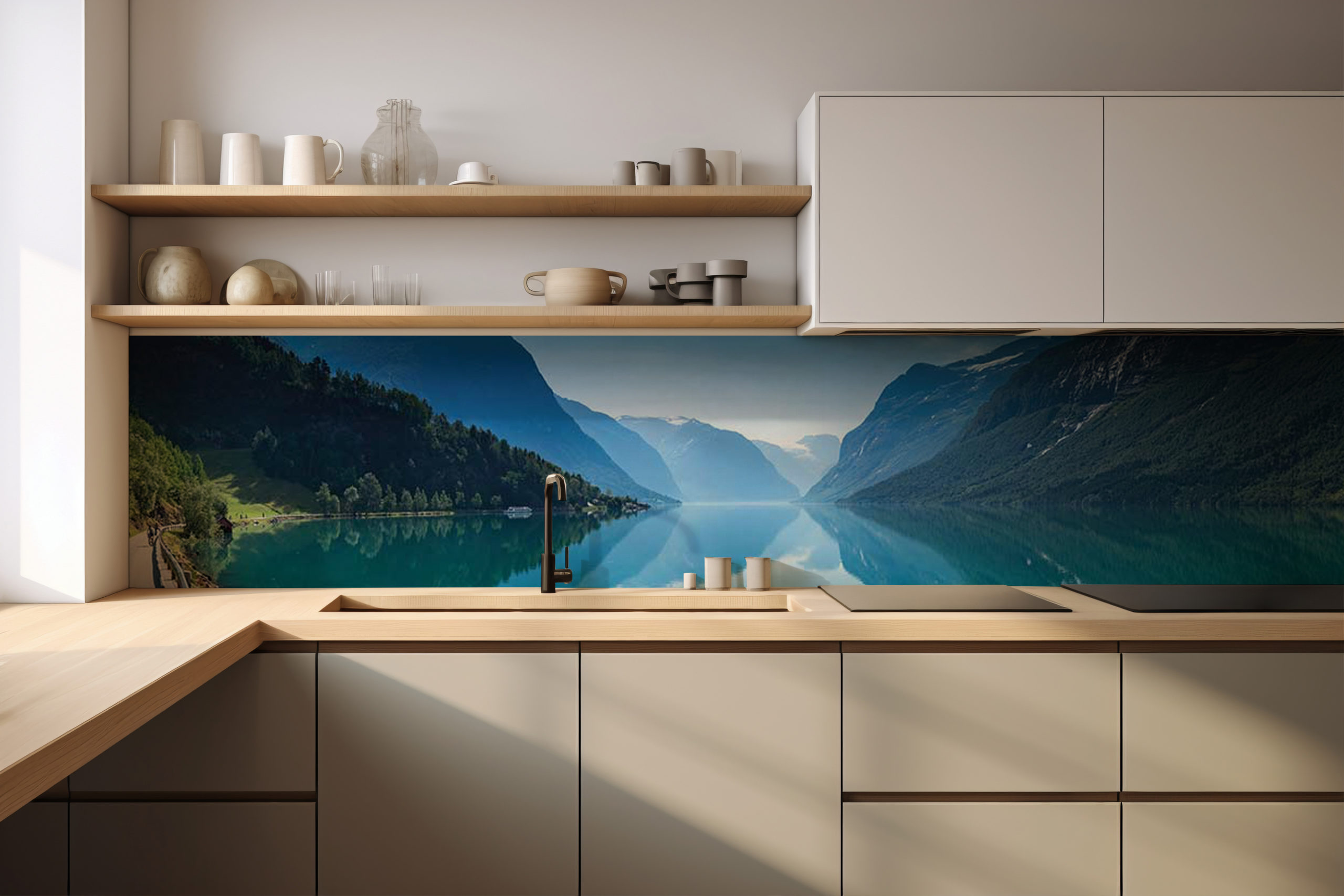 Küchenrückwand Fjorde – selbstklebend in Glasoptik