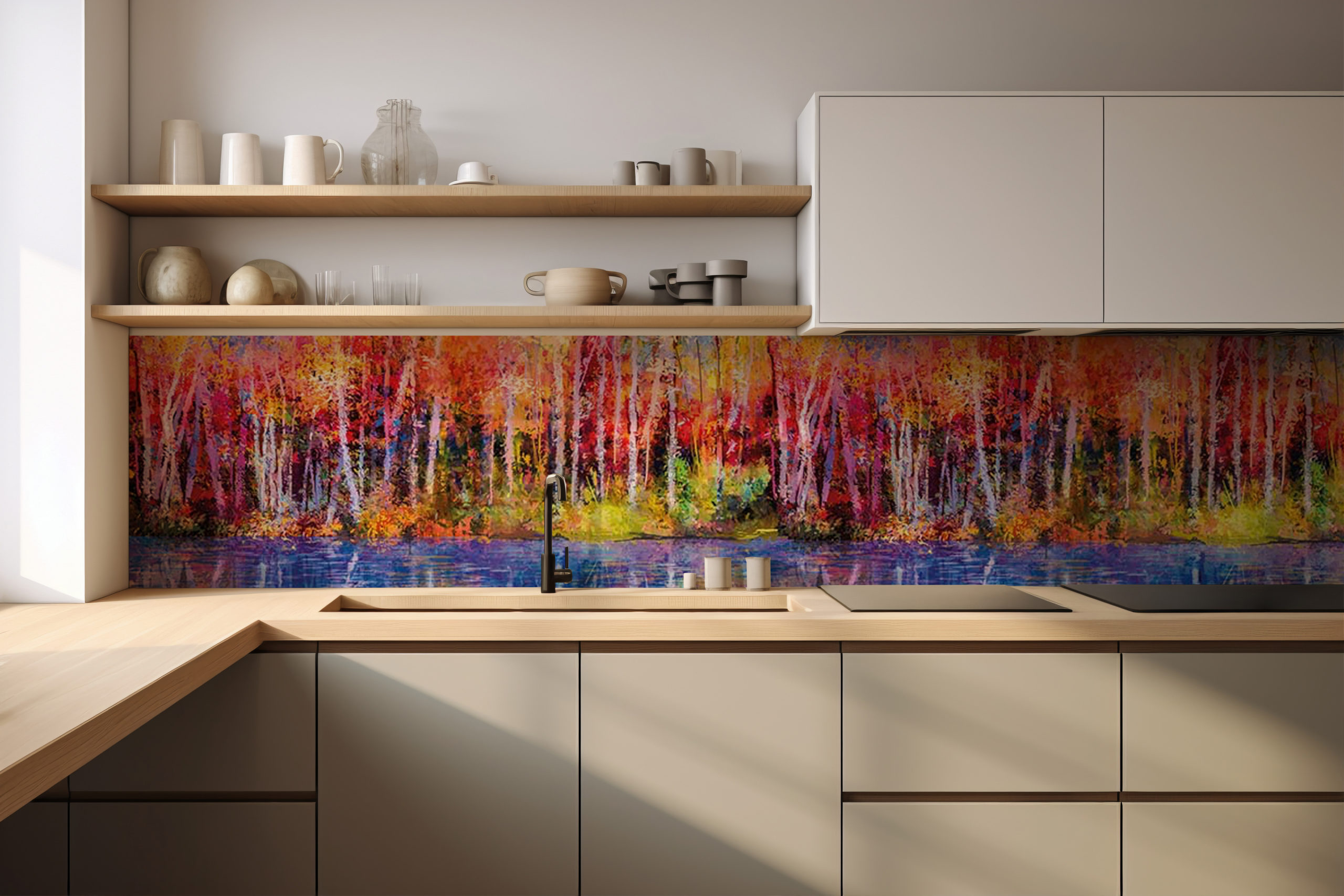 Küchenrückwand Gemälde Bunte Bäume – selbstklebend in Glasoptik
