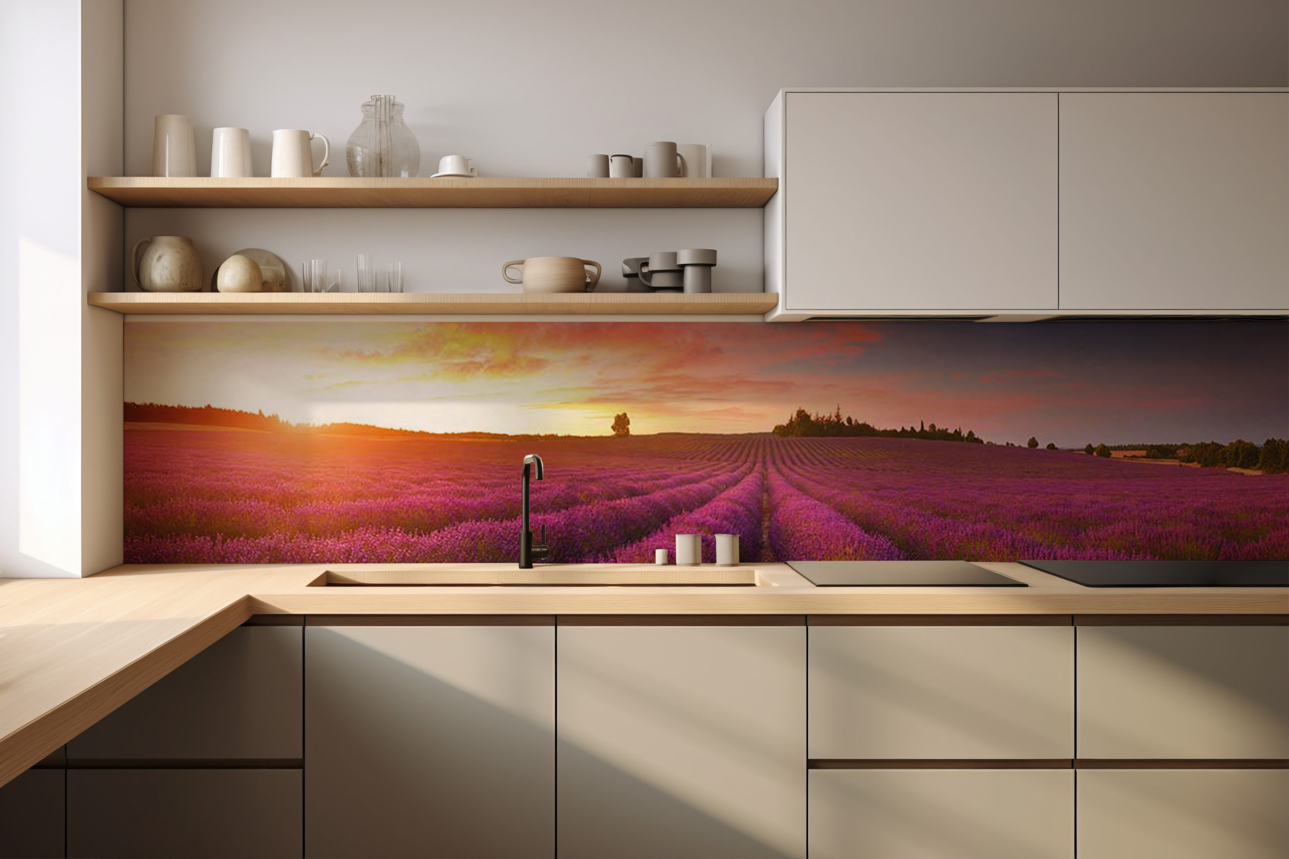 Küchenrückwand Lavendelfeld – selbstklebend in Glasoptik