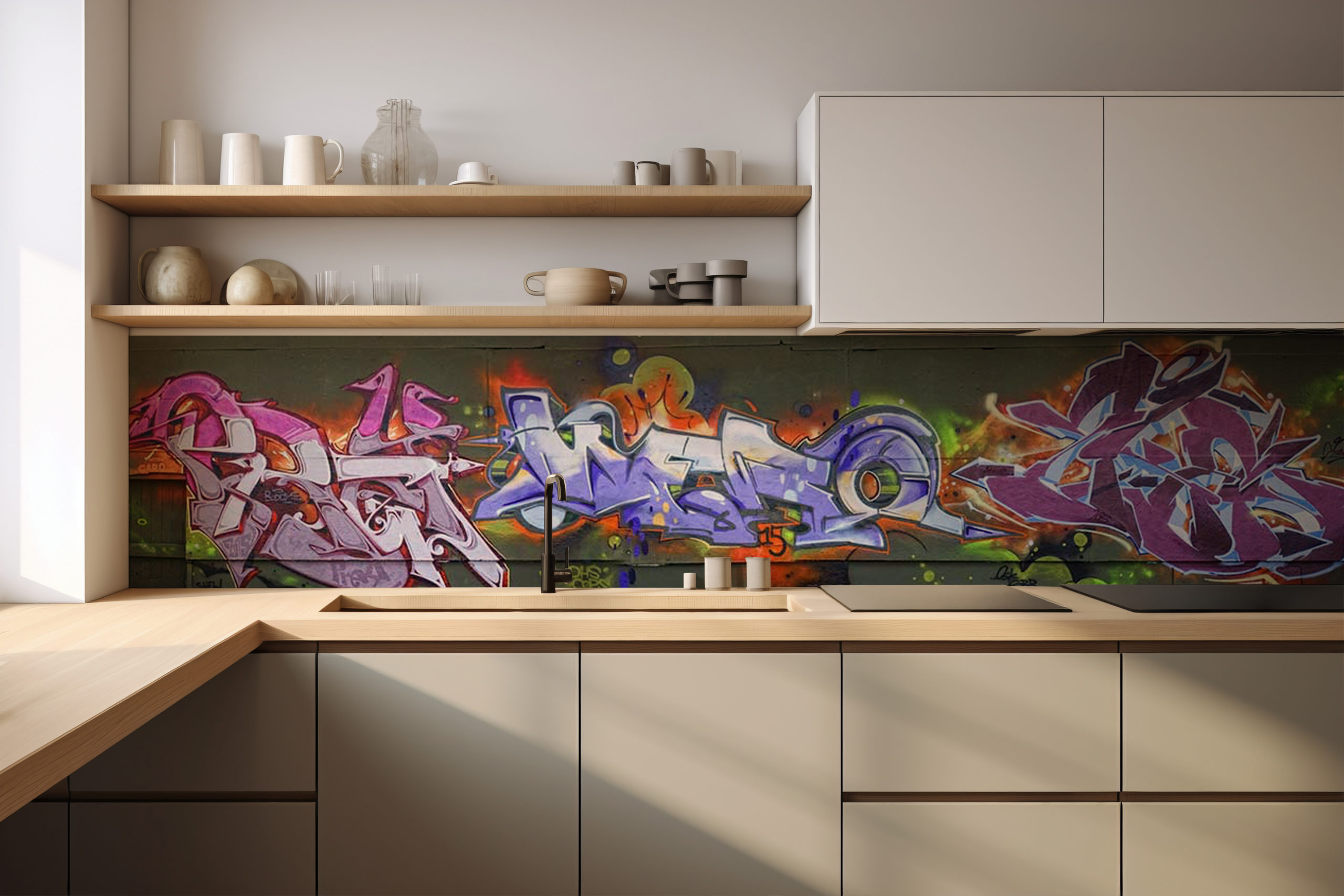 Küchenrückwand Graffiti On Green – selbstklebend in Glasoptik