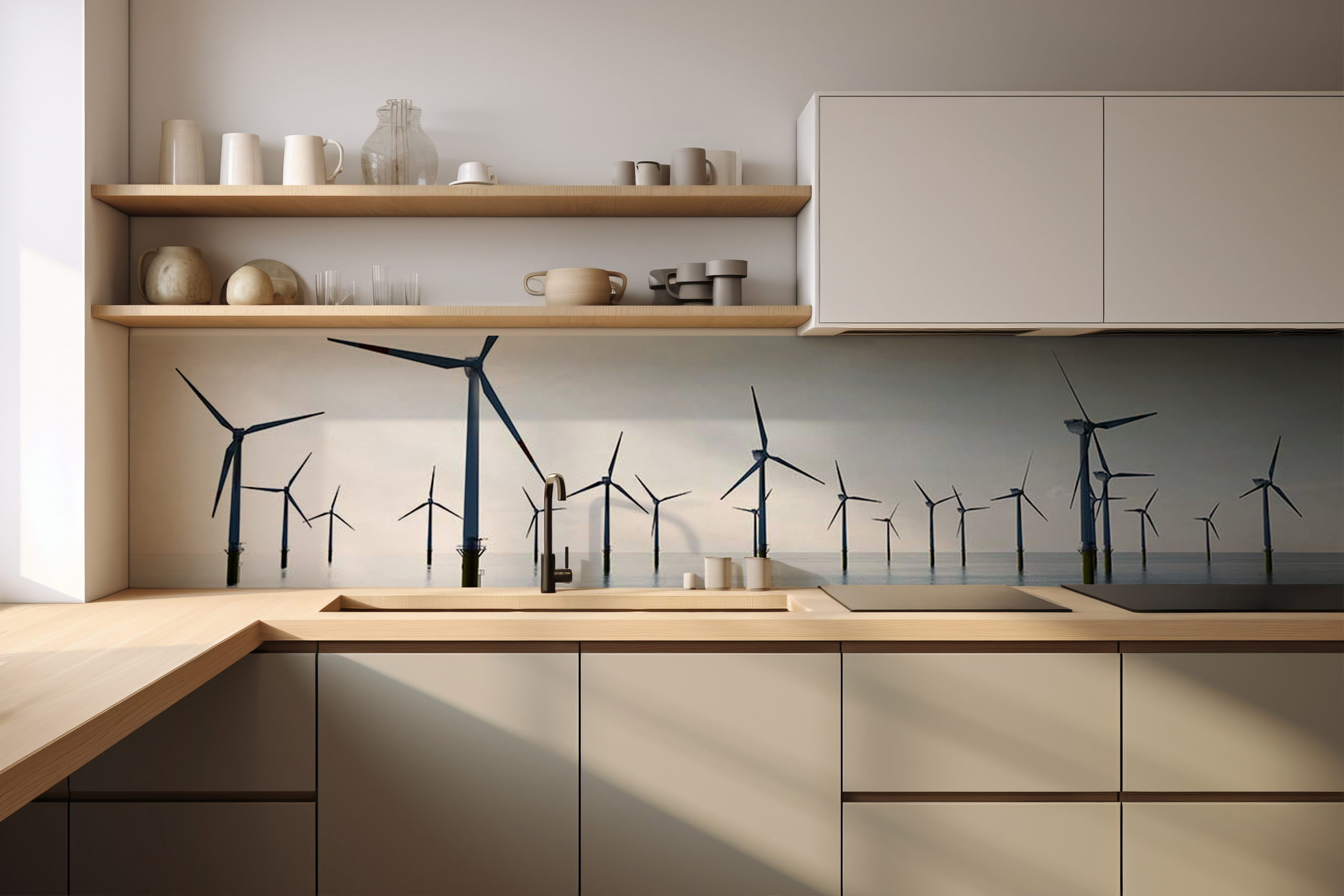Küchenrückwand Windräder Offshore – selbstklebend in Glasoptik