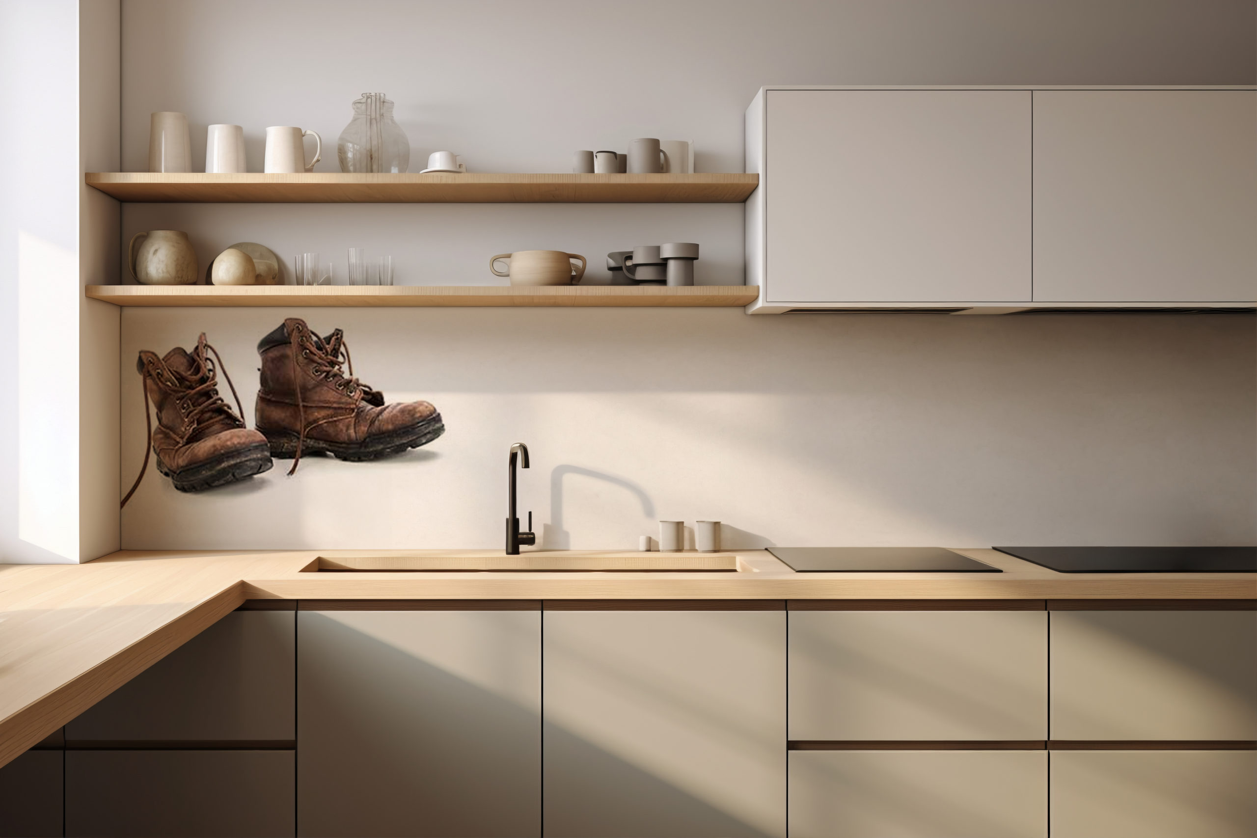 Küchenrückwand Alte Wanderschuhe – selbstklebend in Glasoptik