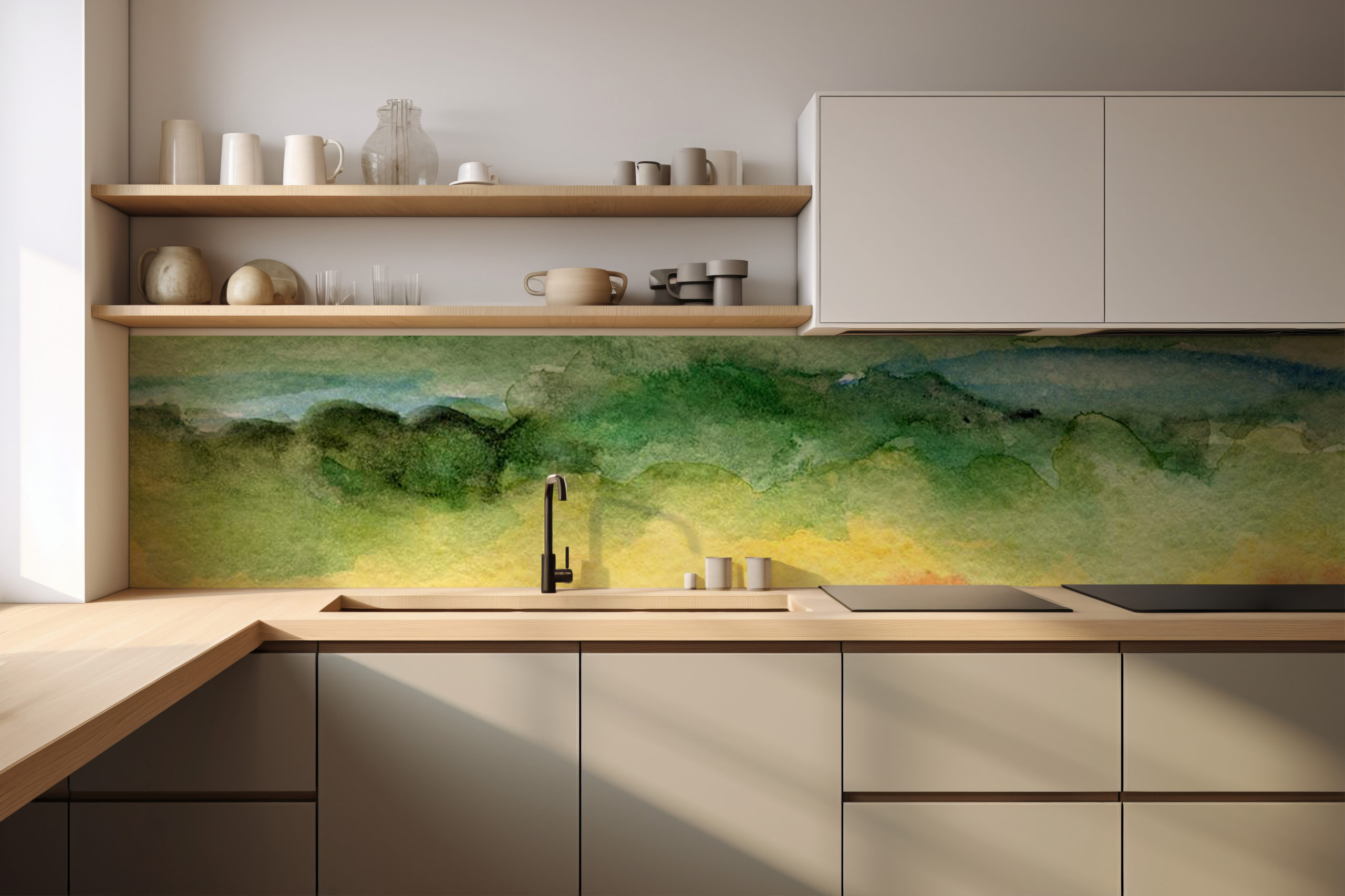 Küchenrückwand Aquarell seegrün – selbstklebend in Glasoptik