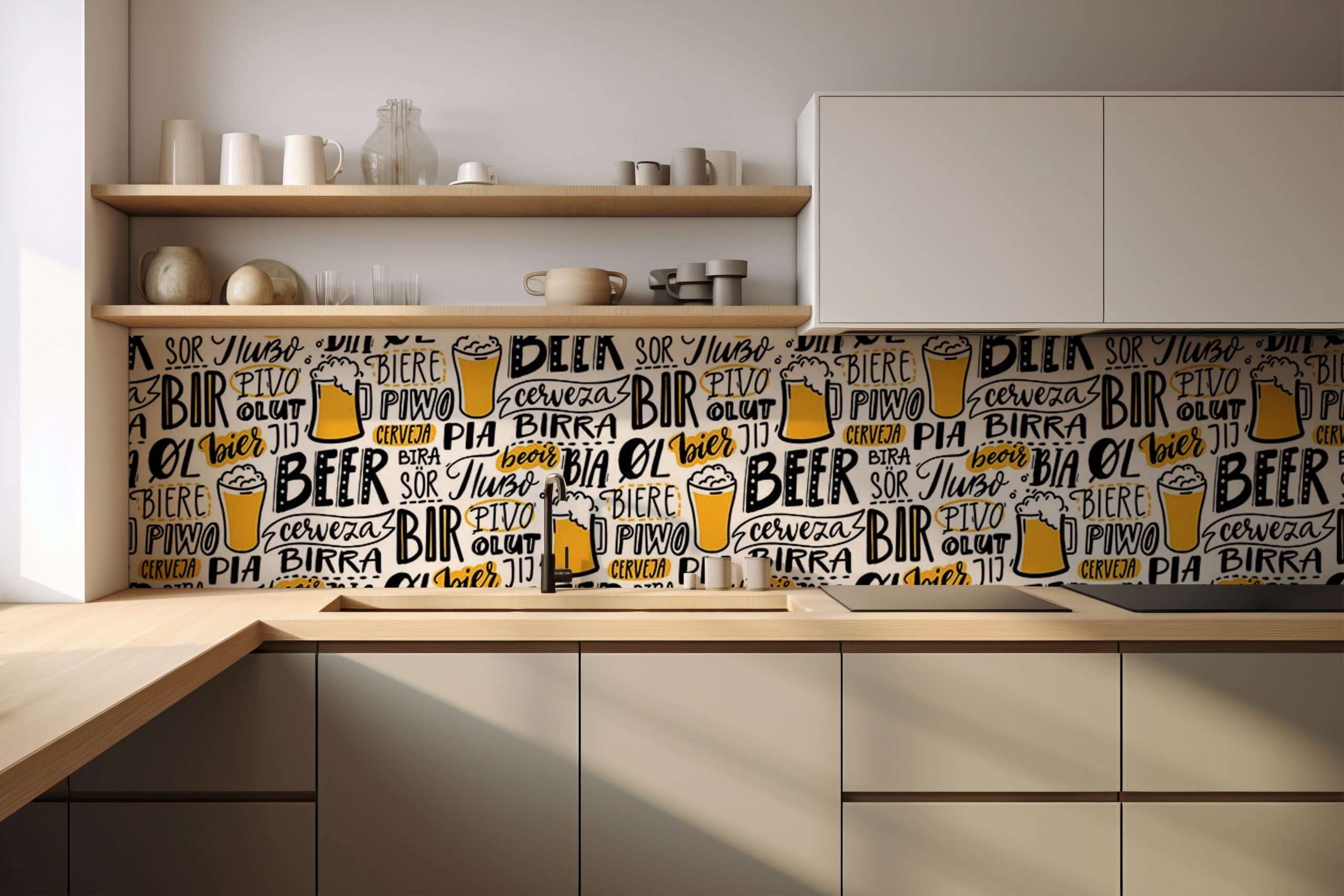 Küchenrückwand Bier-Beer-Birra – selbstklebend in Glasoptik