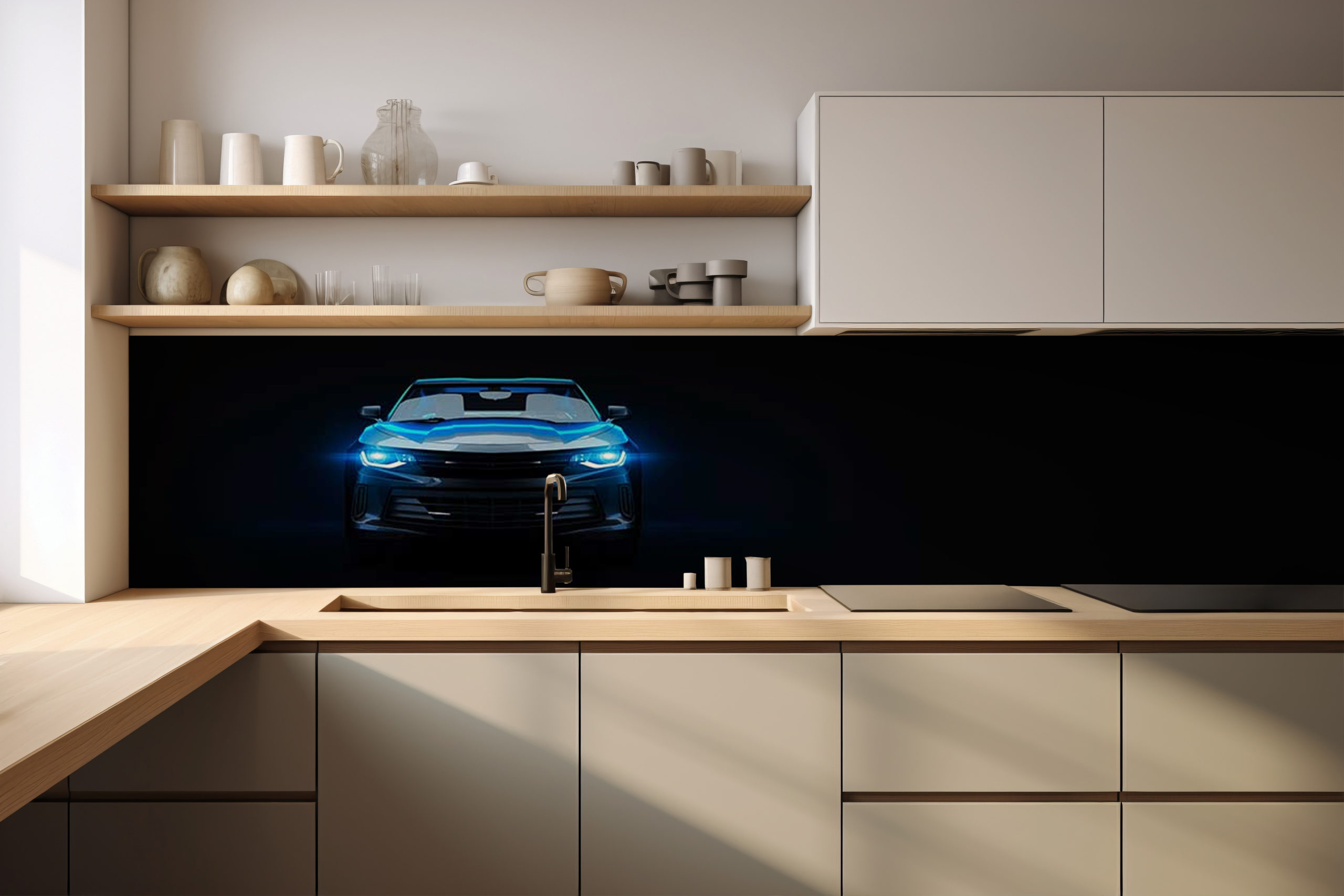 Küchenrückwand Blue Light Car – selbstklebend in Glasoptik