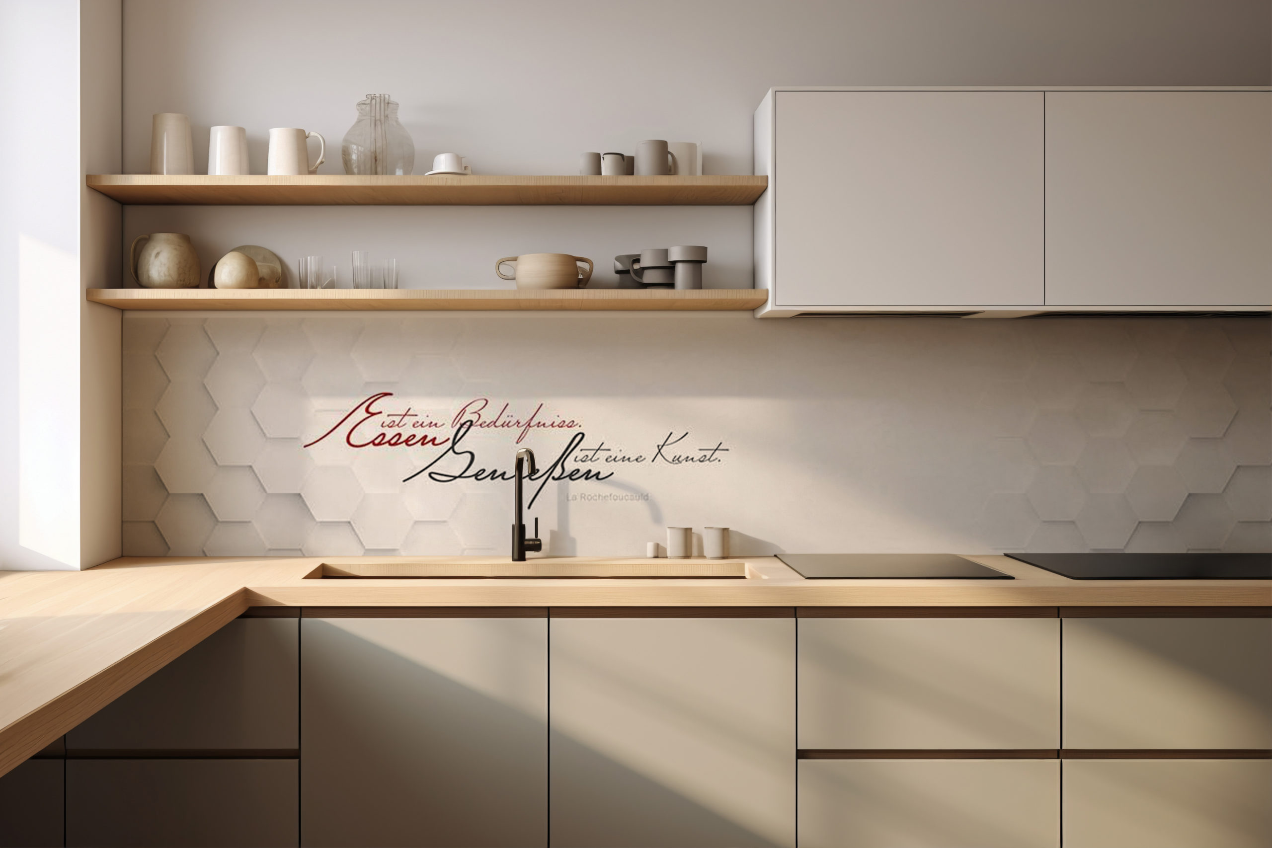 Küchenrückwand Essen ist ein Bedürfniss … – selbstklebend in Glasoptik