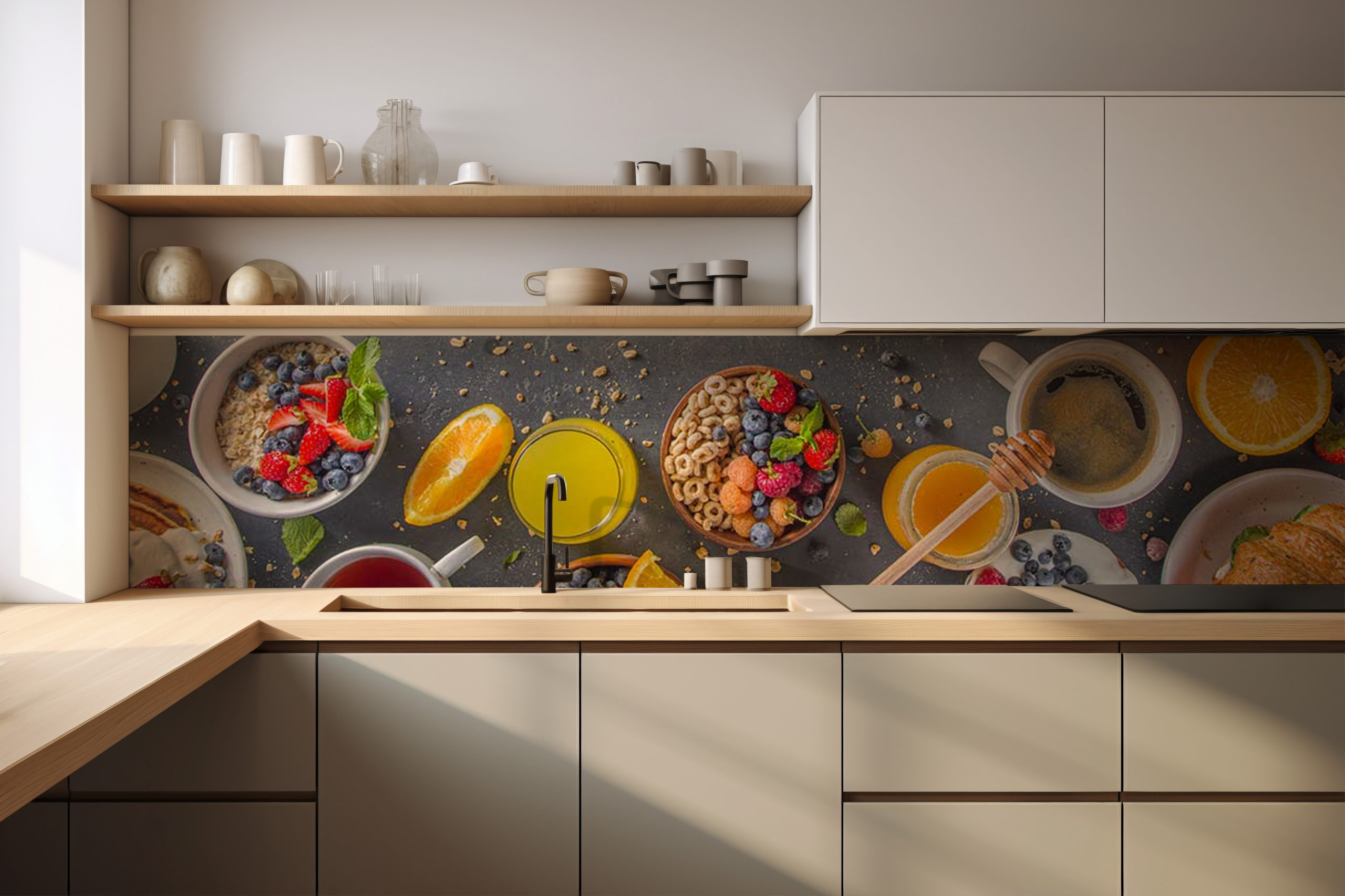 Küchenrückwand Frühstückstisch – selbstklebend in Glasoptik