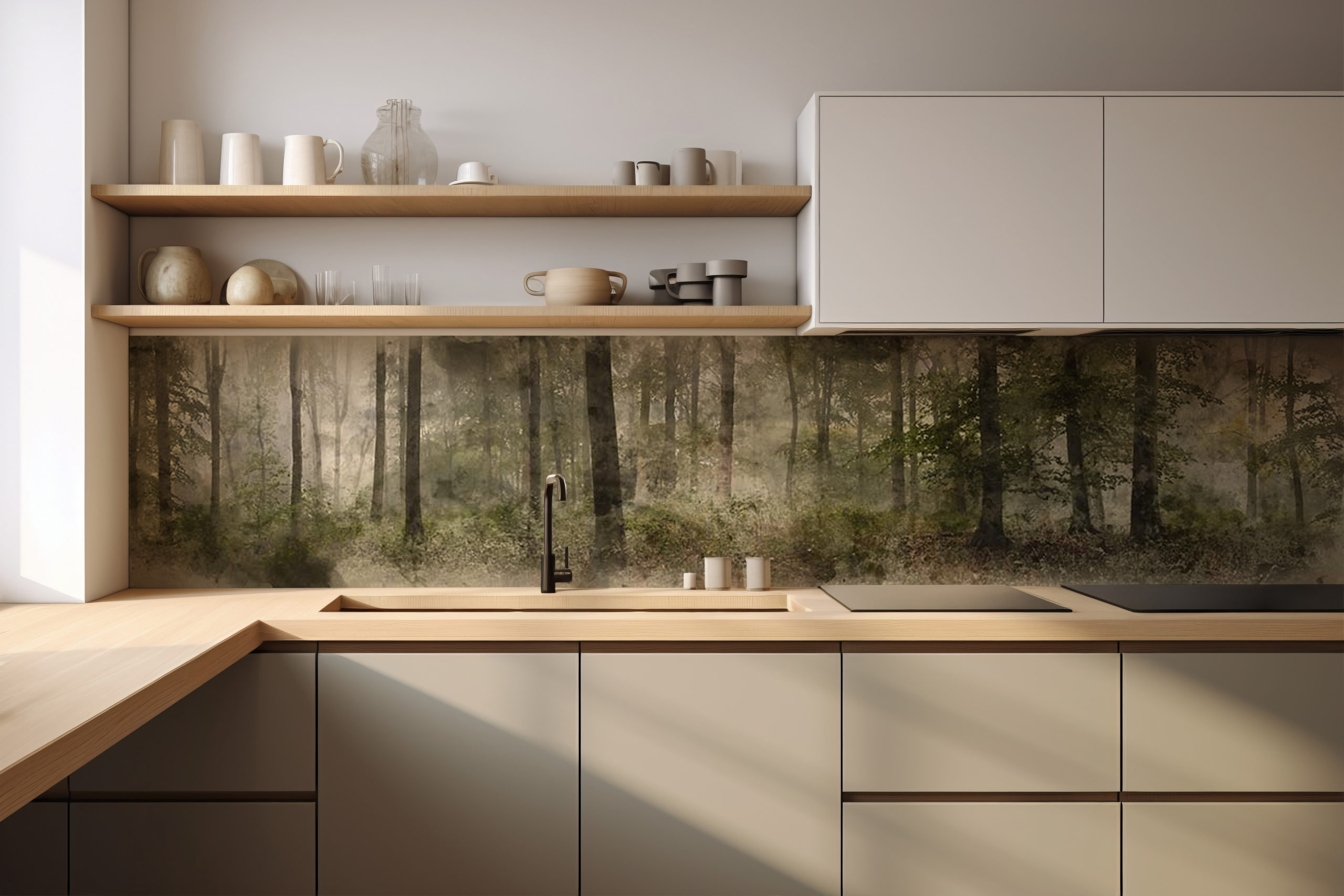 Küchenrückwand Gemalter Wald – selbstklebend in Glasoptik