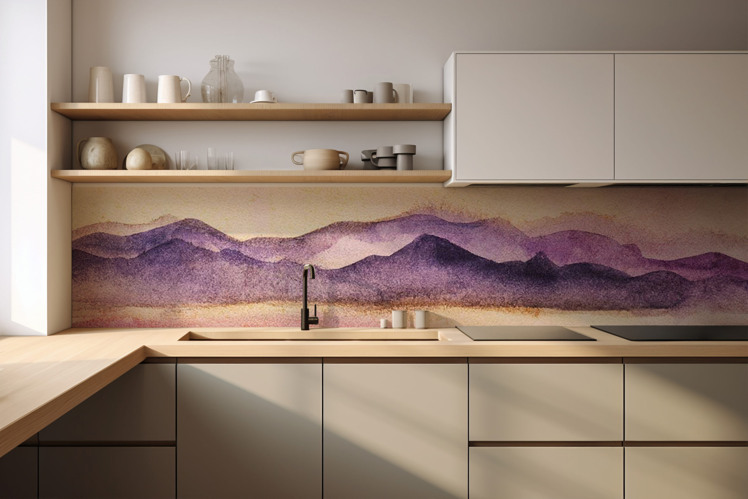 Küchenrückwand Lila Berge – selbstklebend in Glasoptik