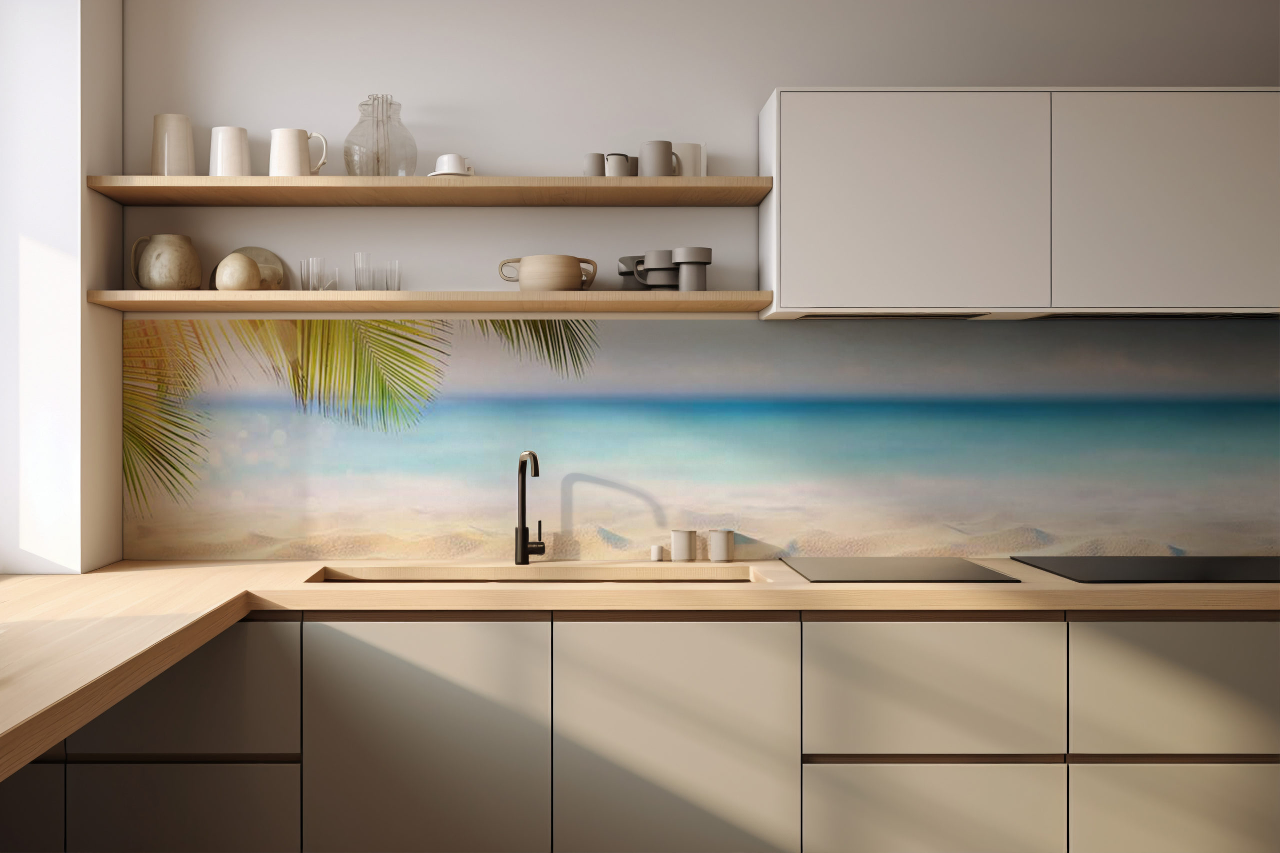 Küchenrückwand Palme am Strand – selbstklebend in Glasoptik