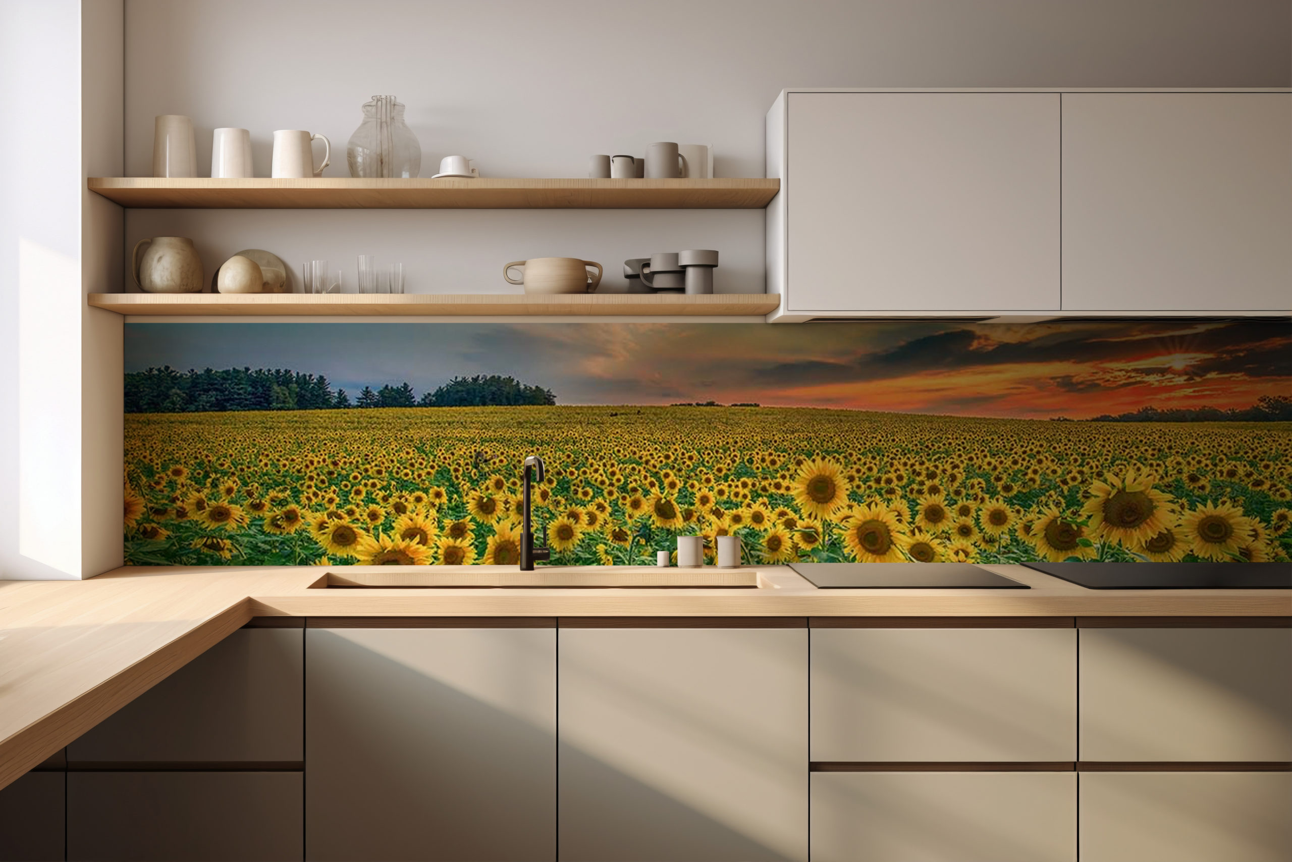 Küchenrückwand Sonnenblumenwiese – selbstklebend in Glasoptik
