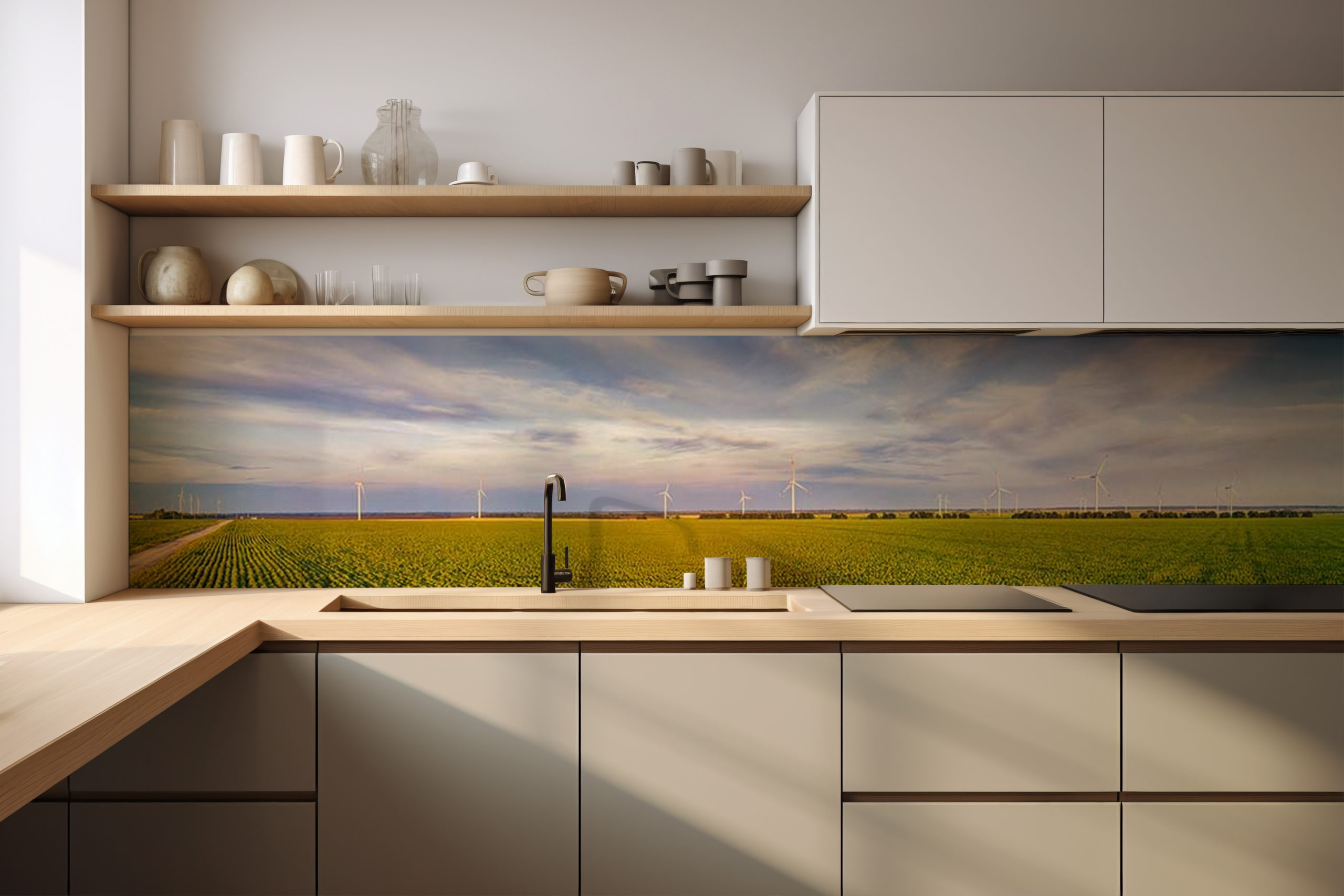 Küchenrückwand Windräder im Feld – selbstklebend in Glasoptik