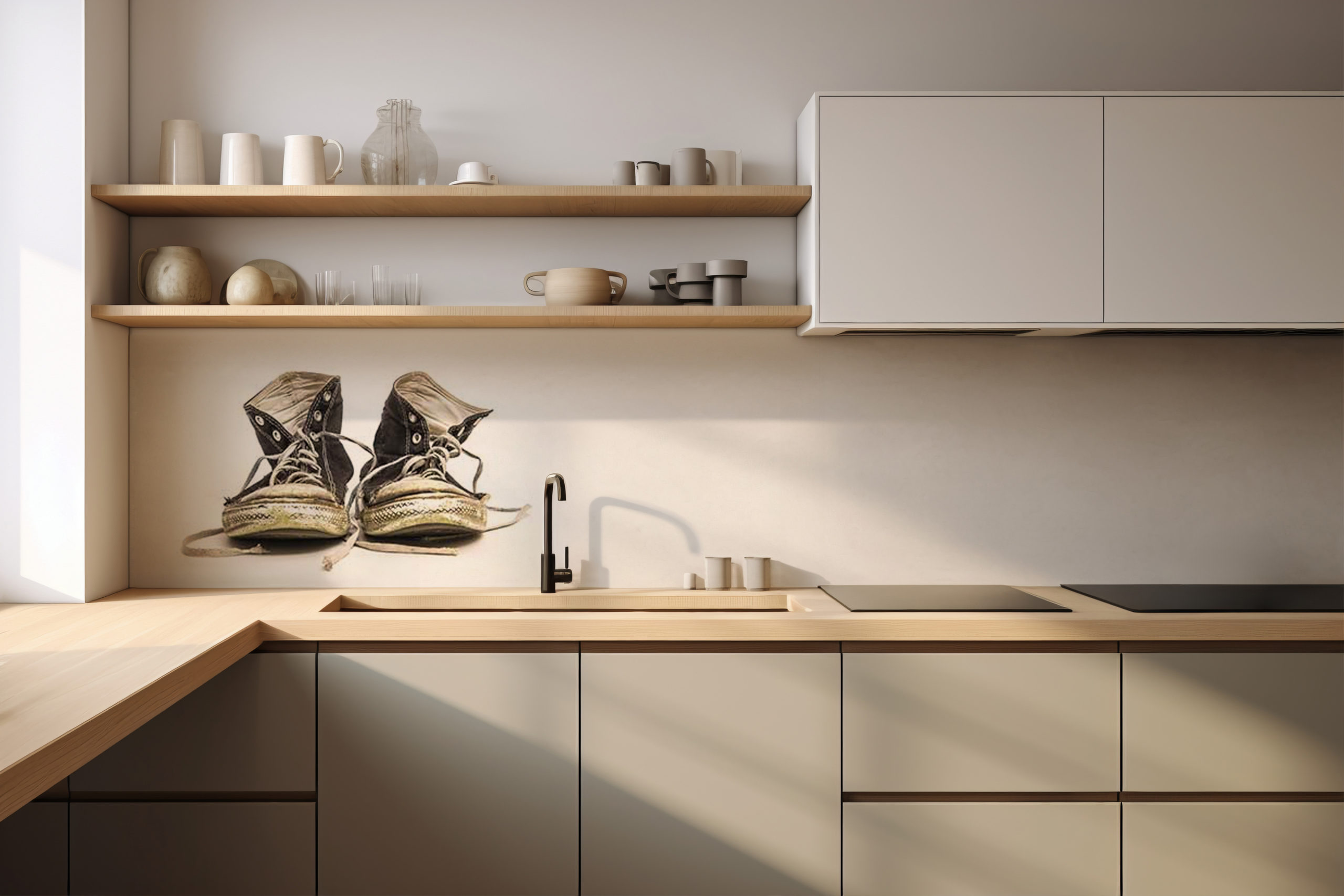 Küchenrückwand Alte Turnschuhe – selbstklebend in Glasoptik