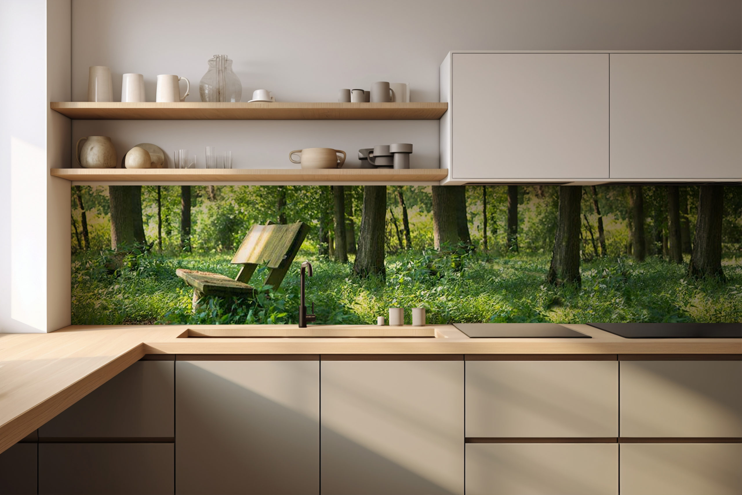 Küchenrückwand Bank im Wald – selbstklebend in Glasoptik