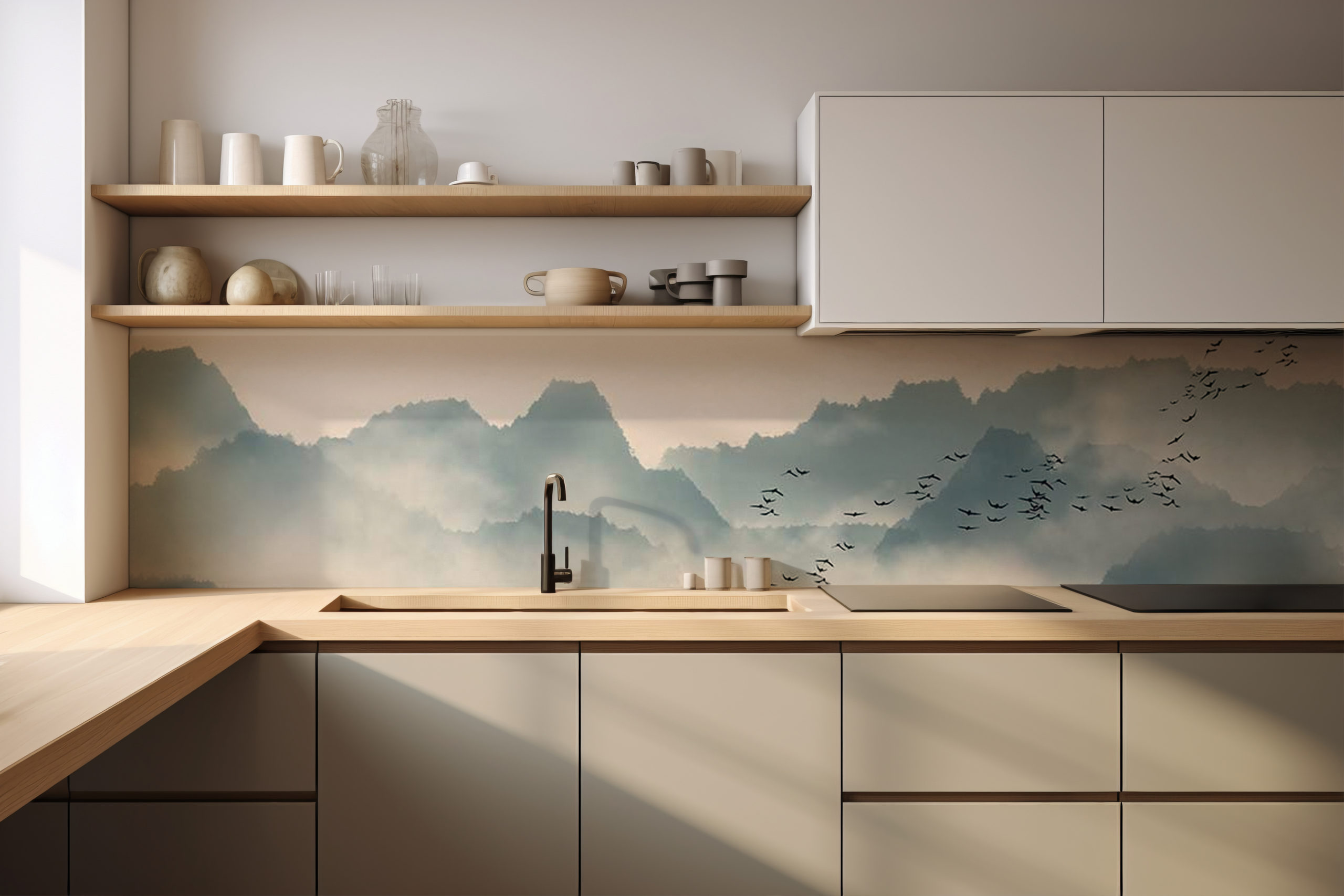 Küchenrückwand Bergvögel blau – selbstklebend in Glasoptik