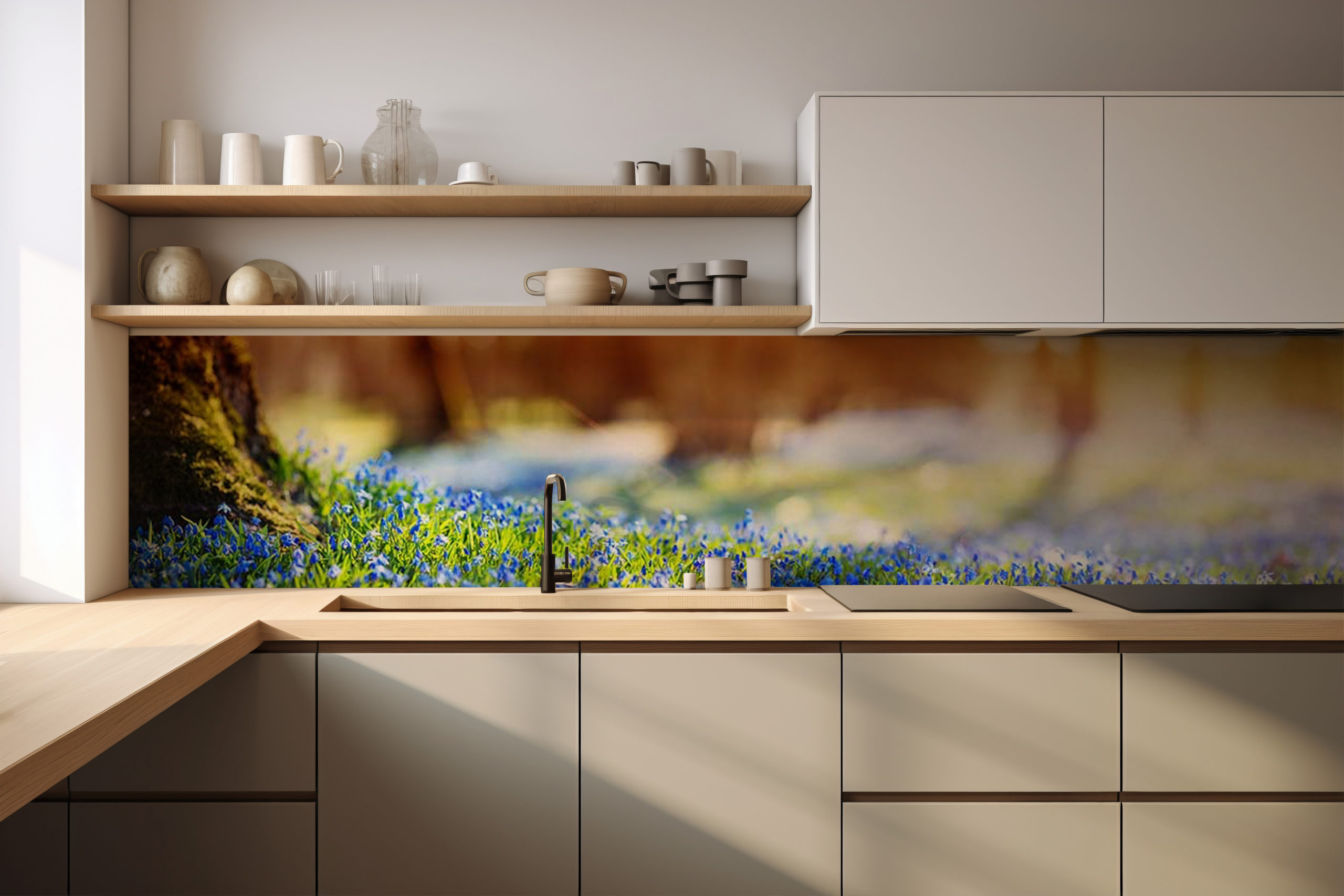 Küchenrückwand Blumenblau – selbstklebend in Glasoptik