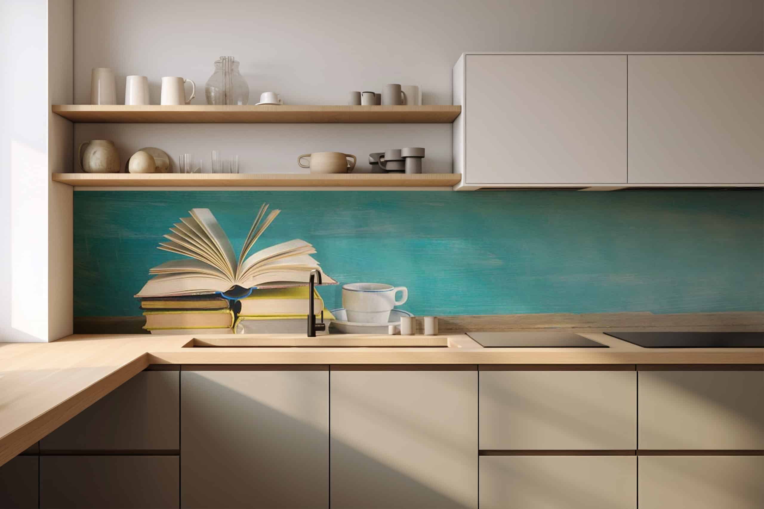 Küchenrückwand Bücher und Kaffee – selbstklebend in Glasoptik