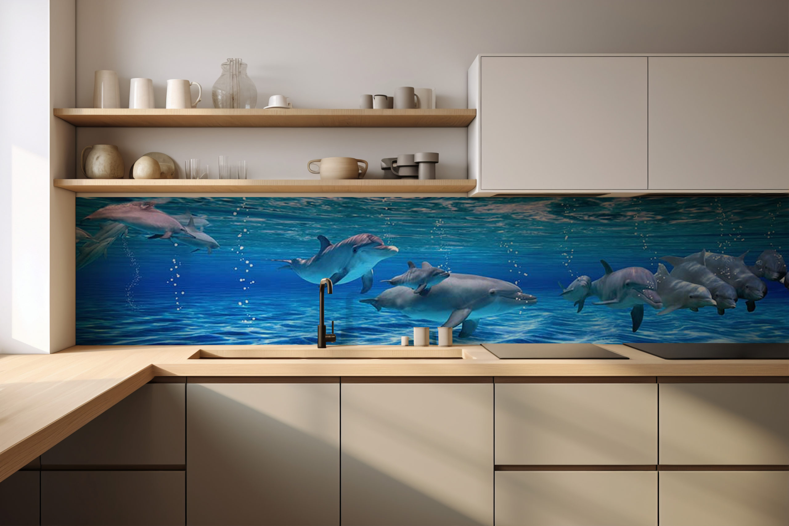 Küchenrückwand Delfine – selbstklebend in Glasoptik