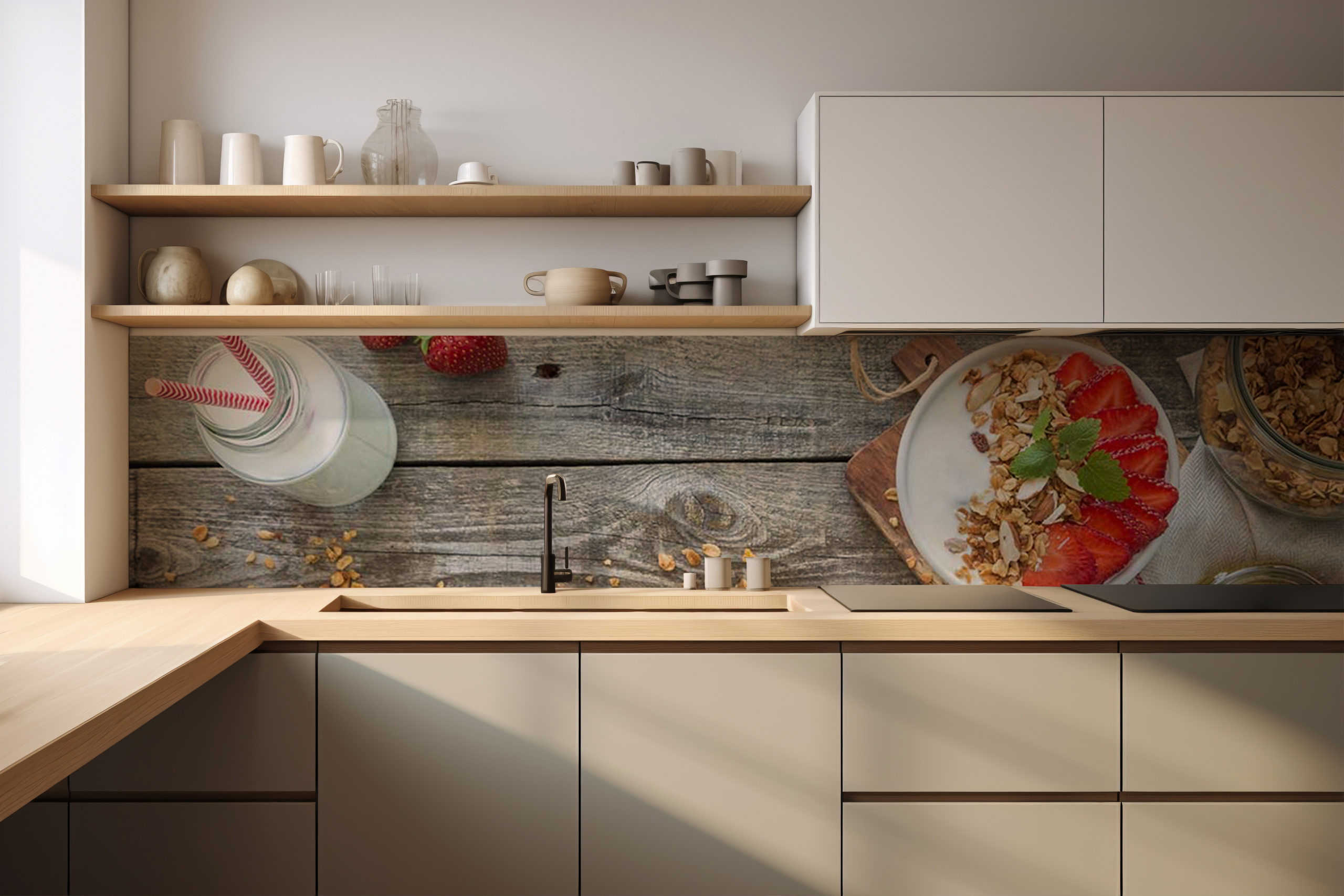 Küchenrückwand Erdbeerfrühstück – selbstklebend in Glasoptik