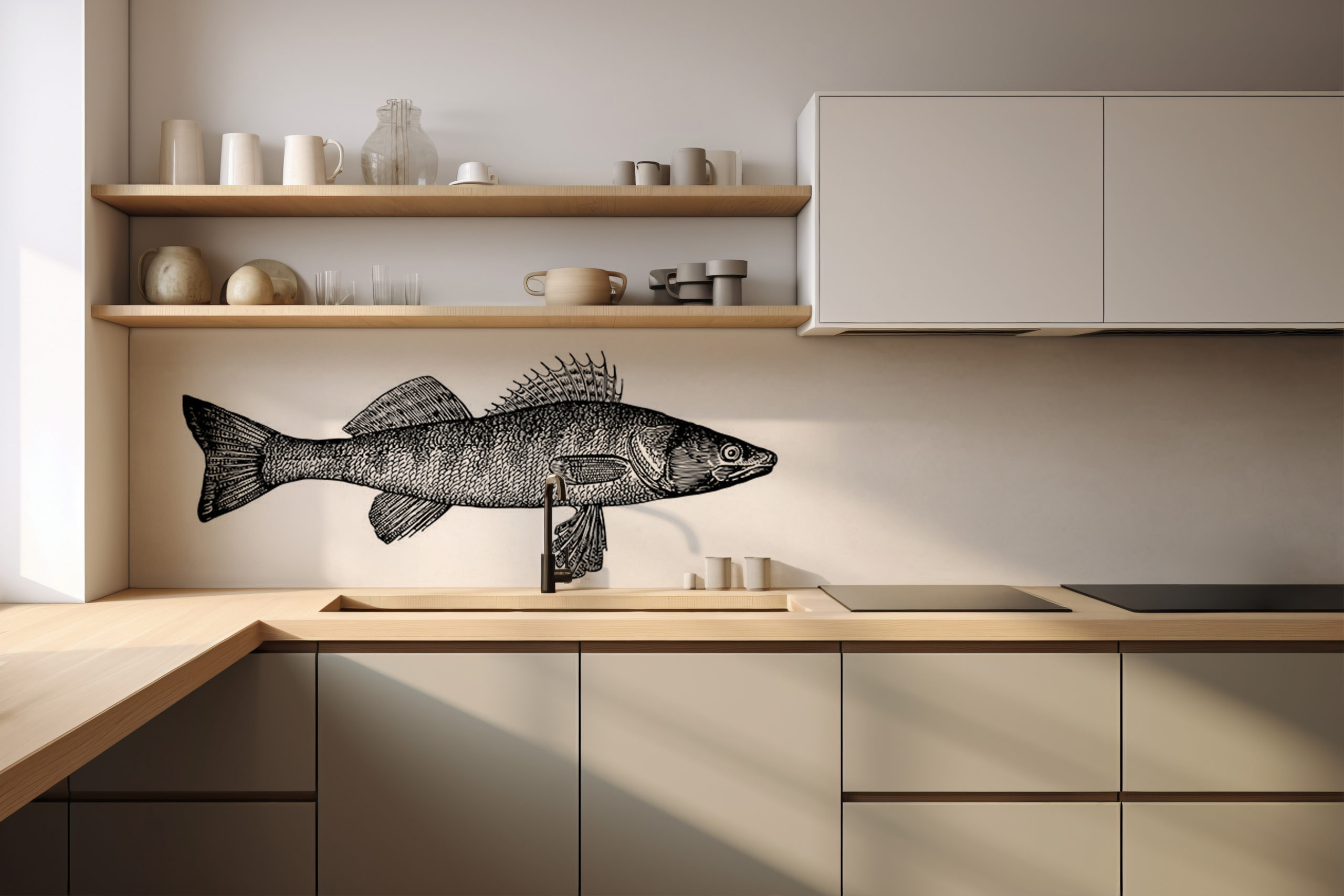 Küchenrückwand Fischgrafik – selbstklebend in Glasoptik