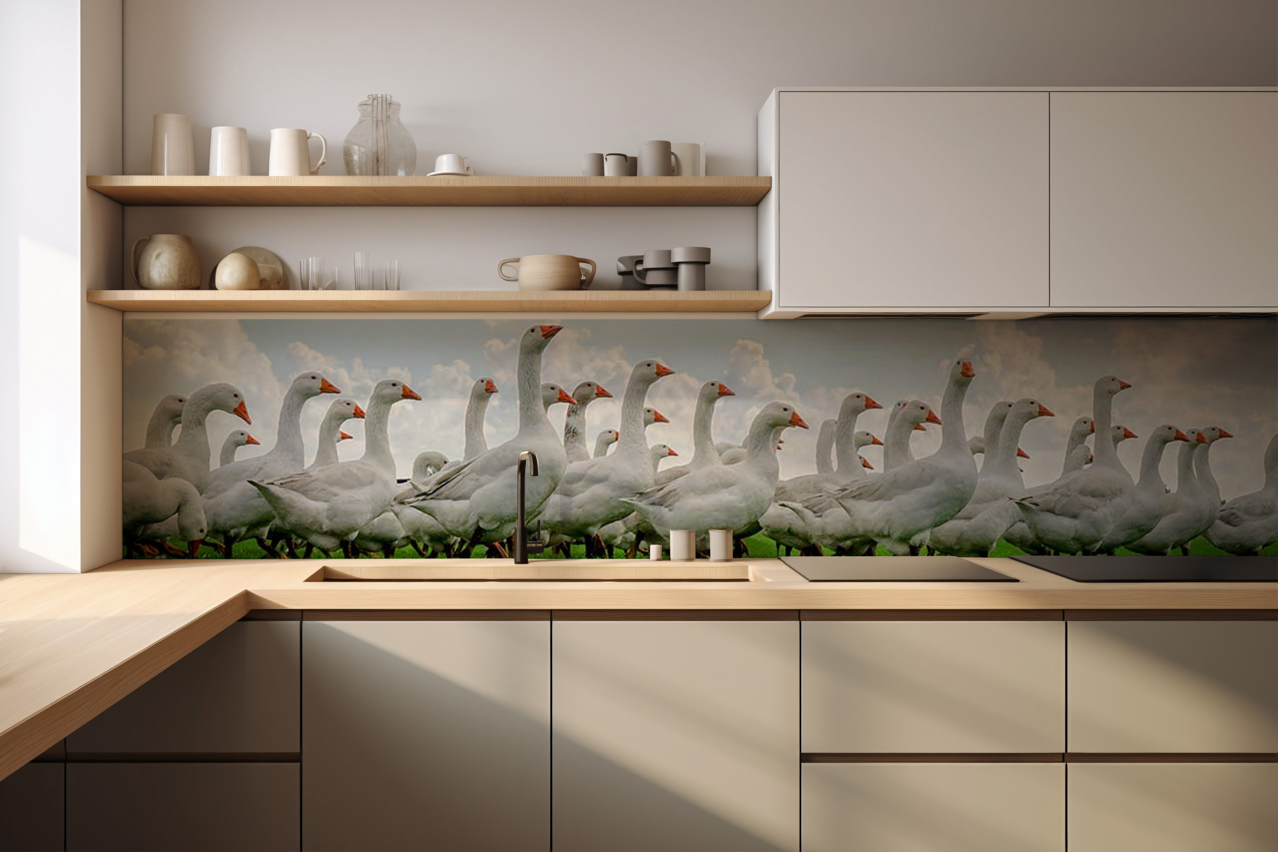 Küchenrückwand Gänseherde – selbstklebend in Glasoptik