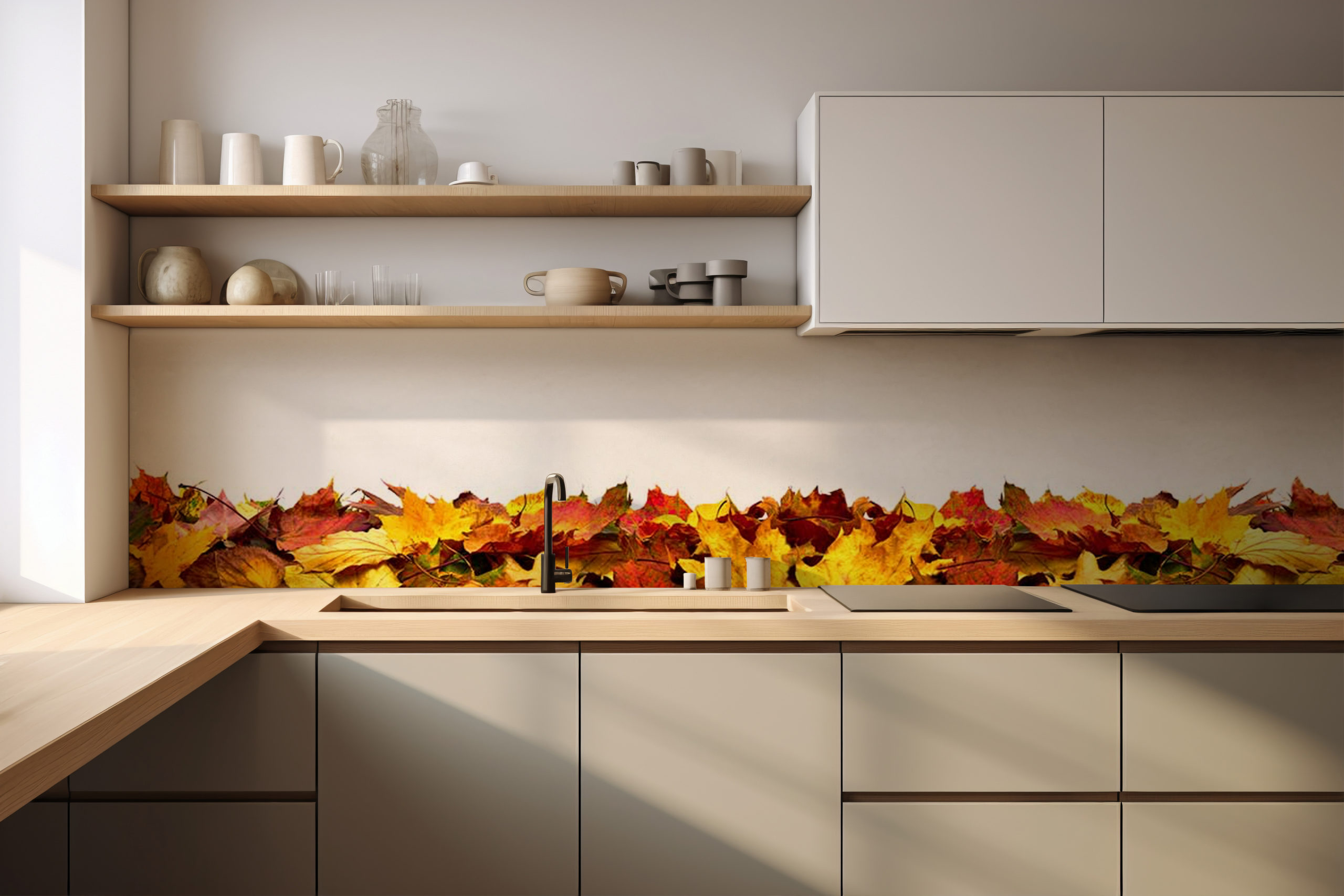 Küchenrückwand Herbstlaub auf Weiß – selbstklebend in Glasoptik
