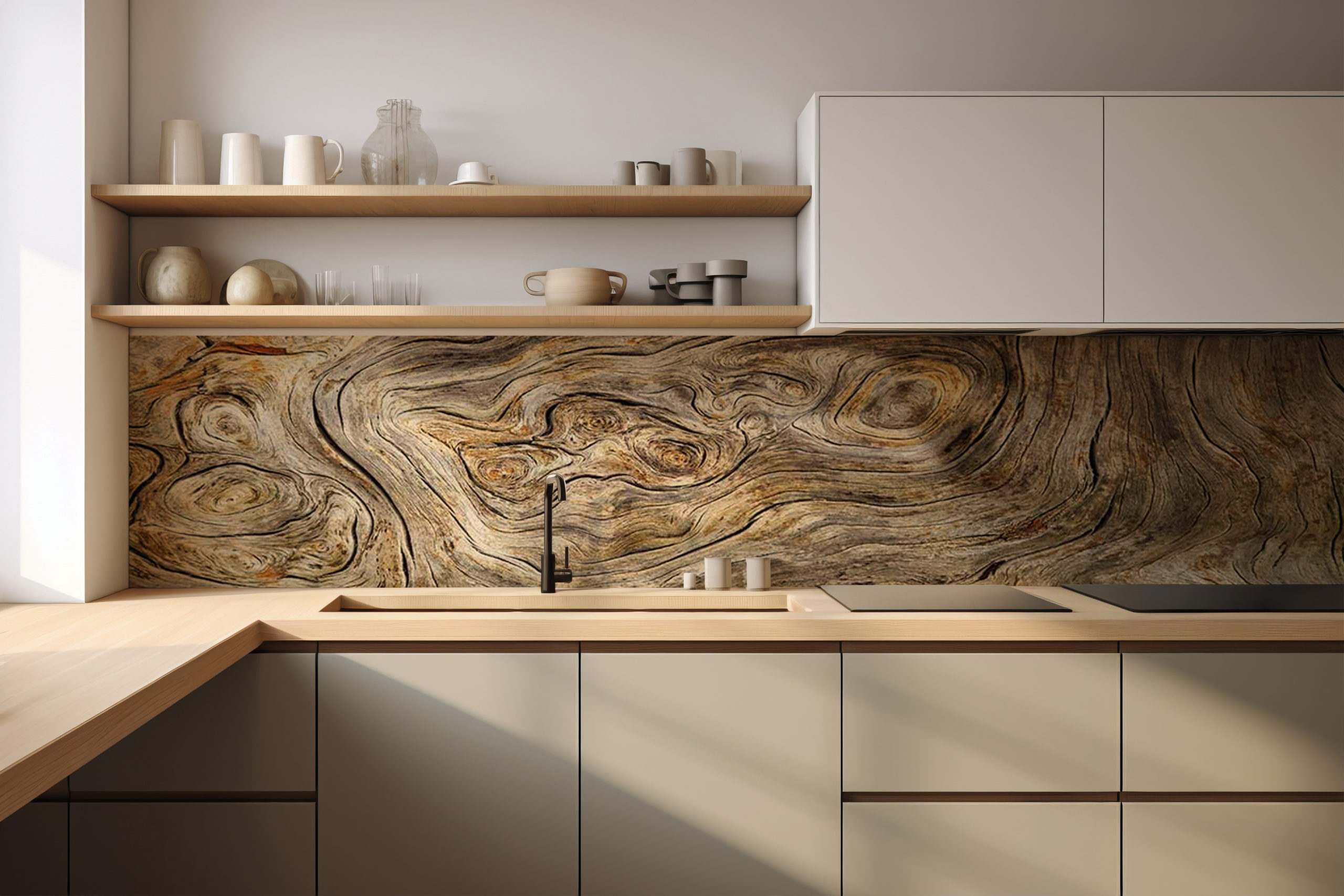 Küchenrückwand Holzscheibe 2 – selbstklebend in Glasoptik