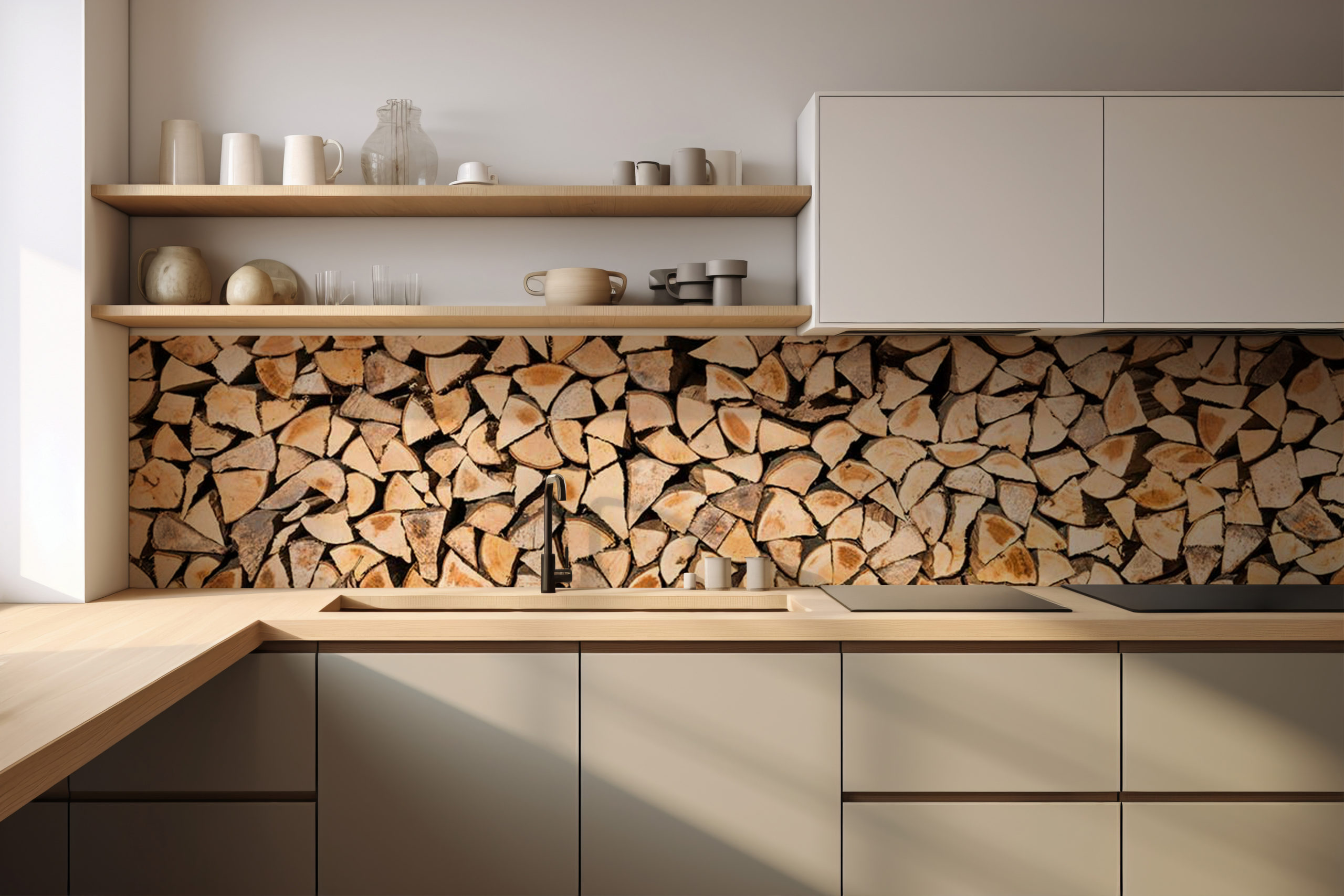 Küchenrückwand Holzstapel 2 – selbstklebend in Glasoptik