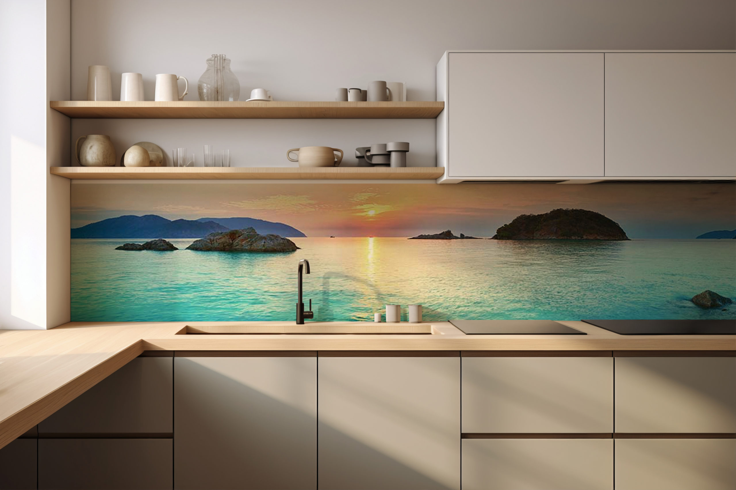 Küchenrückwand Inseln im Türkismeer – selbstklebend in Glasoptik
