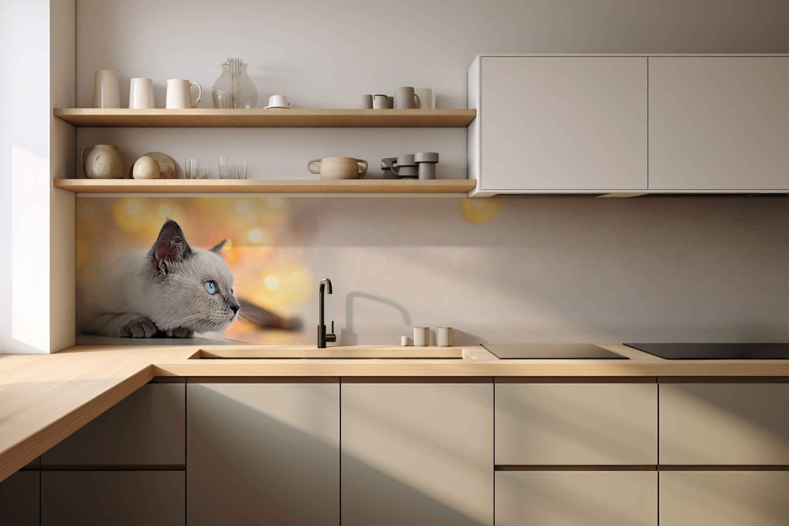 Küchenrückwand Katze mit Leuchtkugeln – selbstklebend in Glasoptik