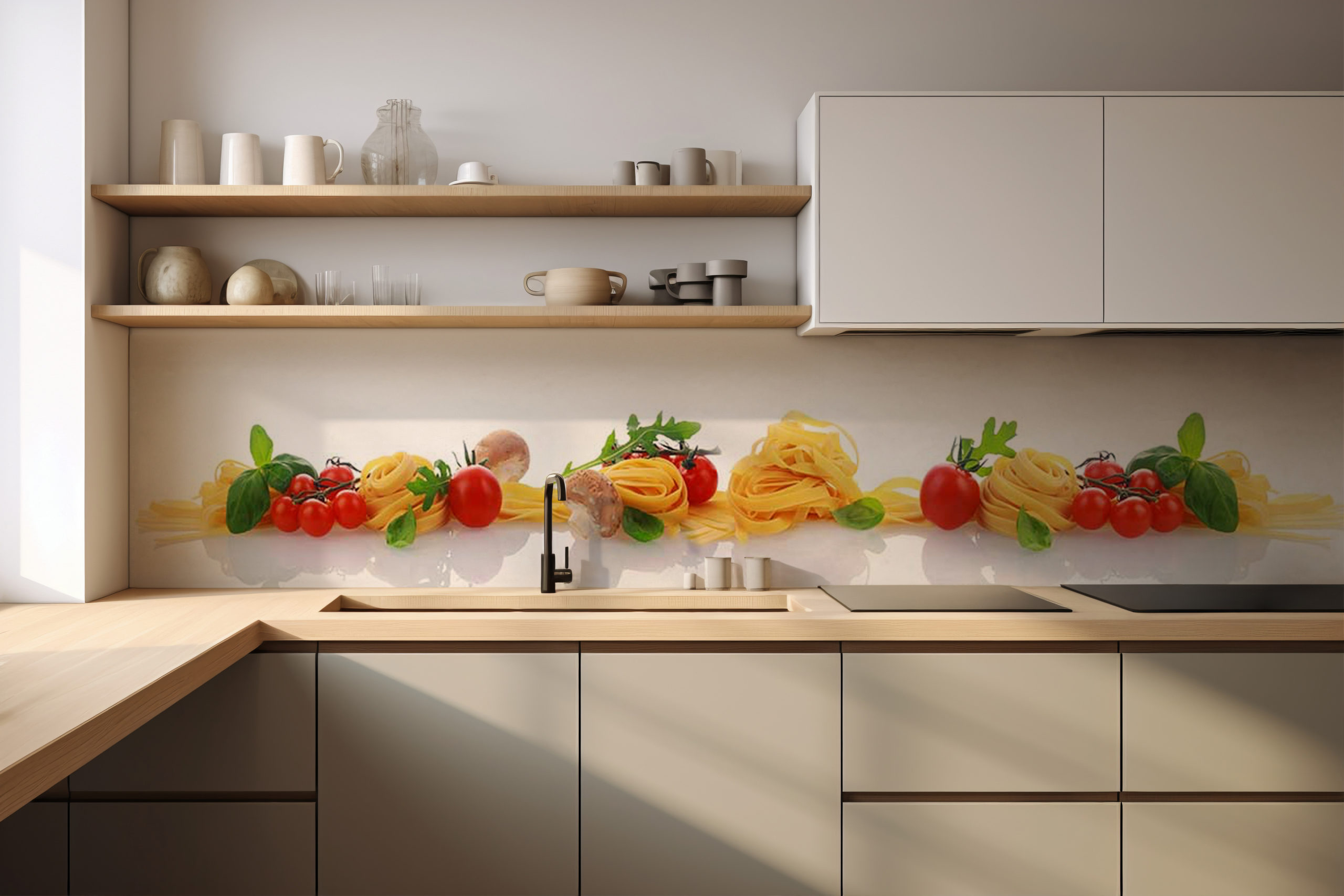 Küchenrückwand Pasta und Tomaten – selbstklebend in Glasoptik