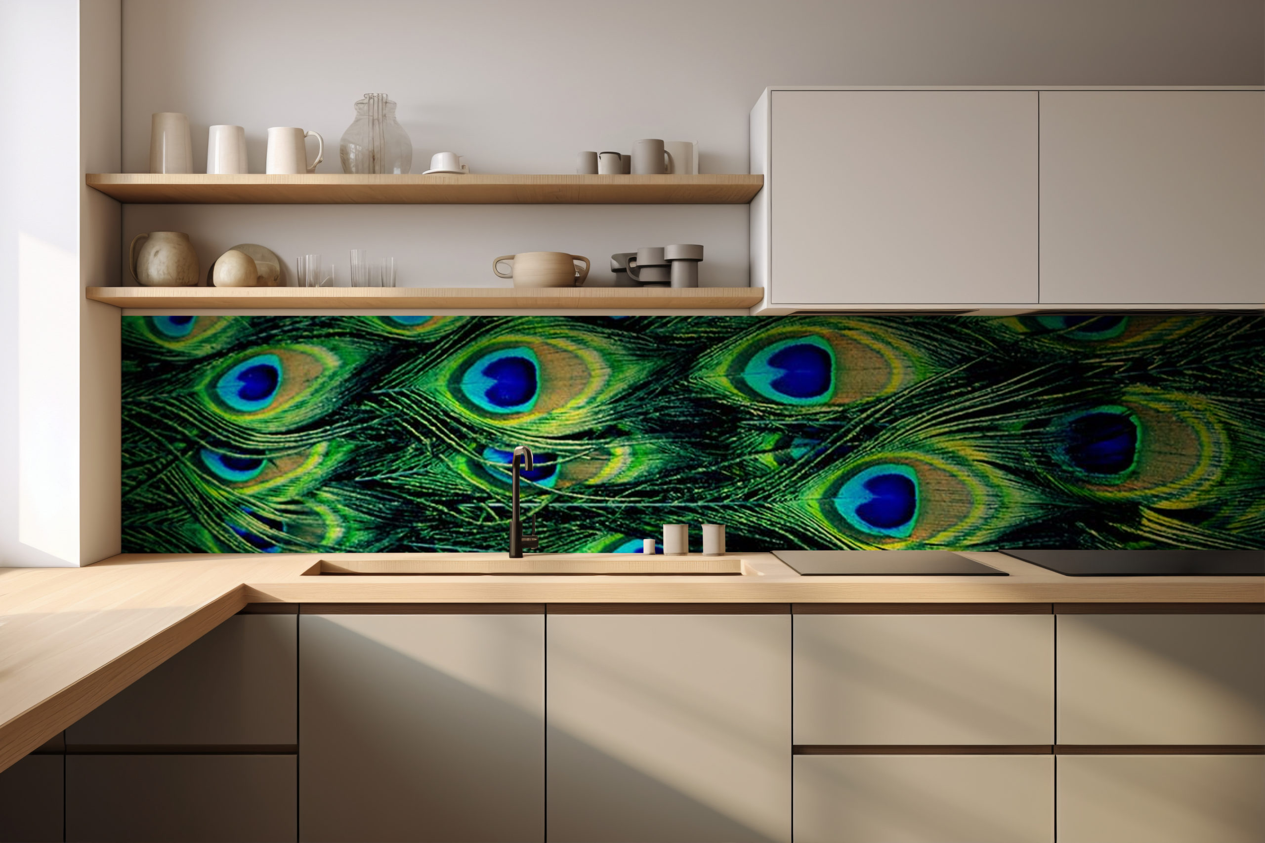 Küchenrückwand Pfauenaugen – selbstklebend in Glasoptik