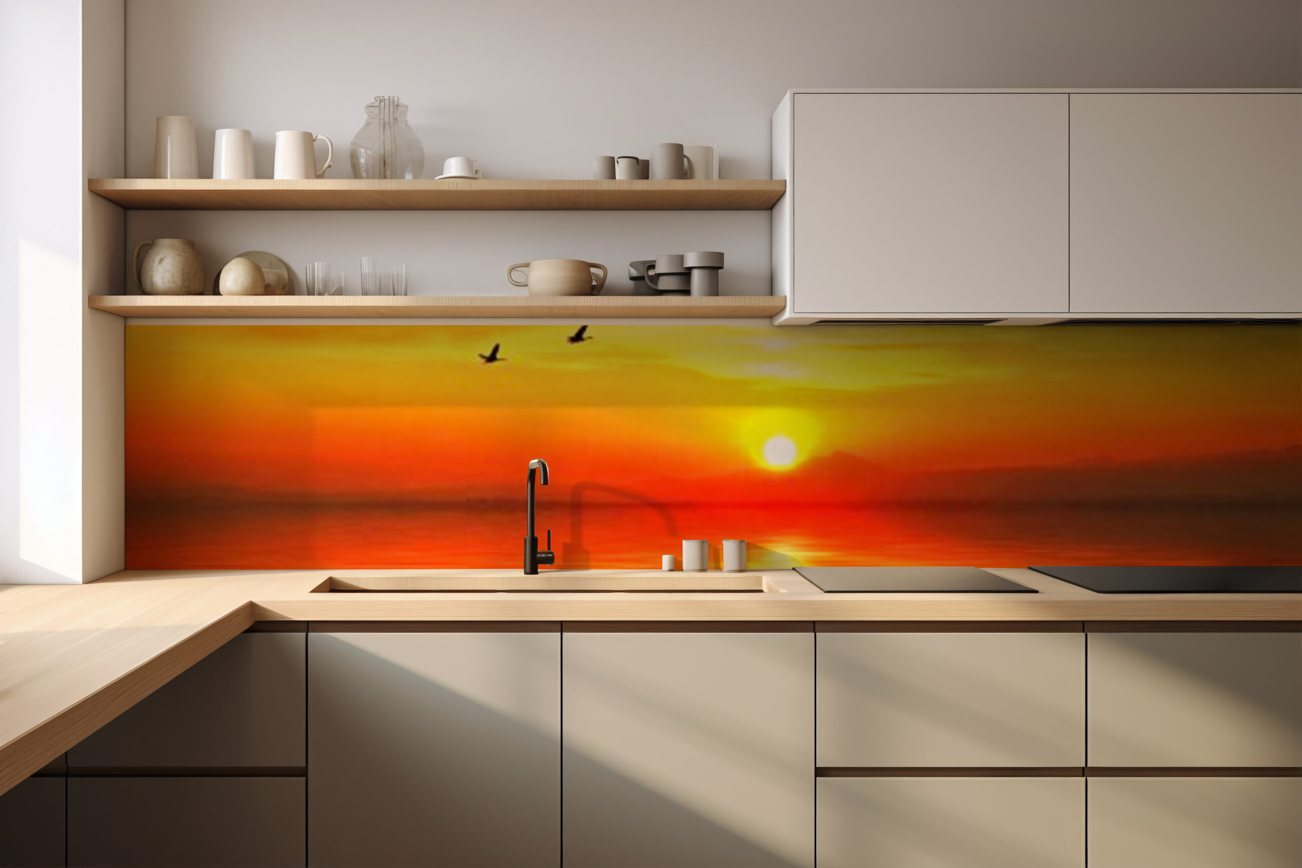 Küchenrückwand Rote Sonne am Meer – selbstklebend in Glasoptik
