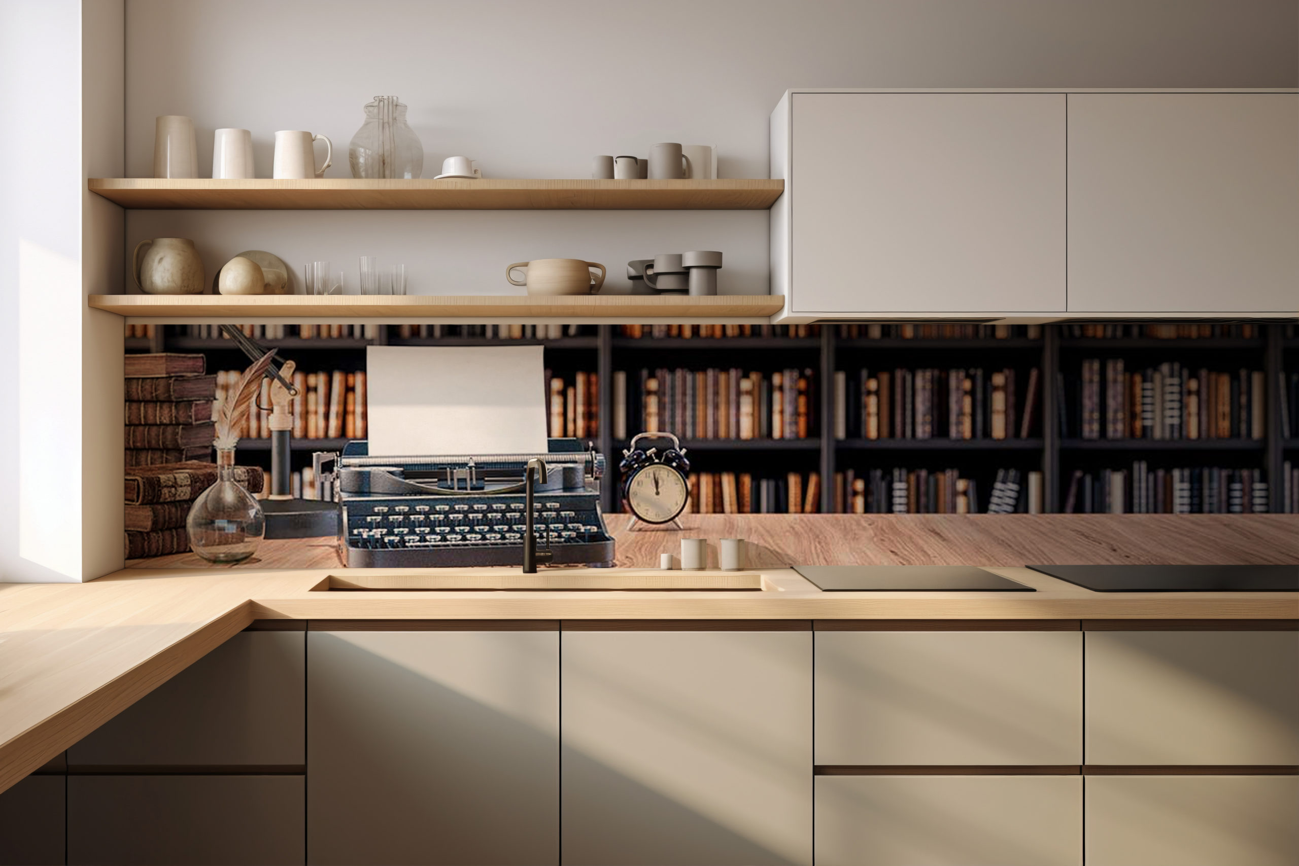 Küchenrückwand Schreibmaschine vor Büchern – selbstklebend in Glasoptik