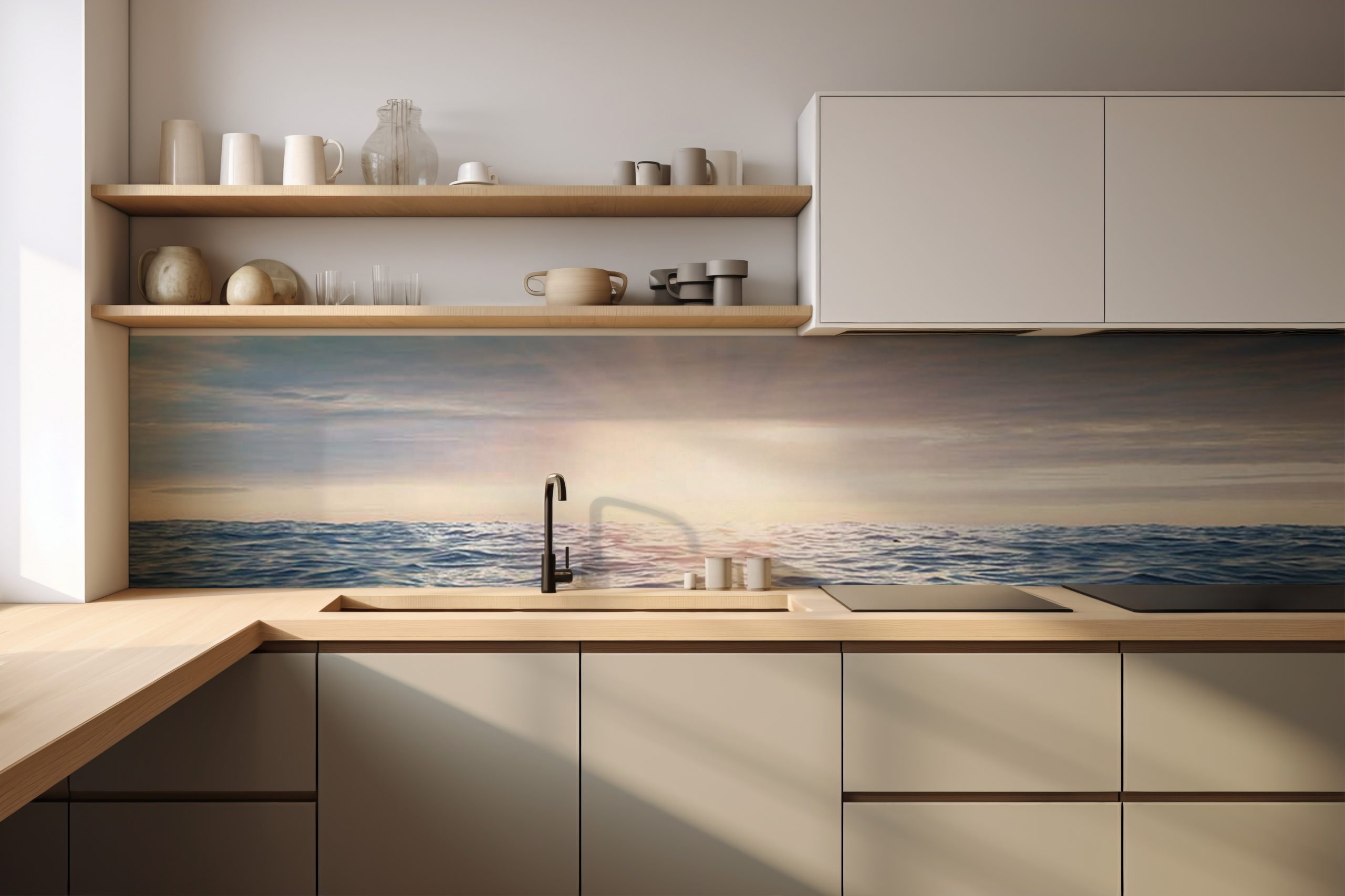 Küchenrückwand Sonne auf dem Meer – selbstklebend in Glasoptik