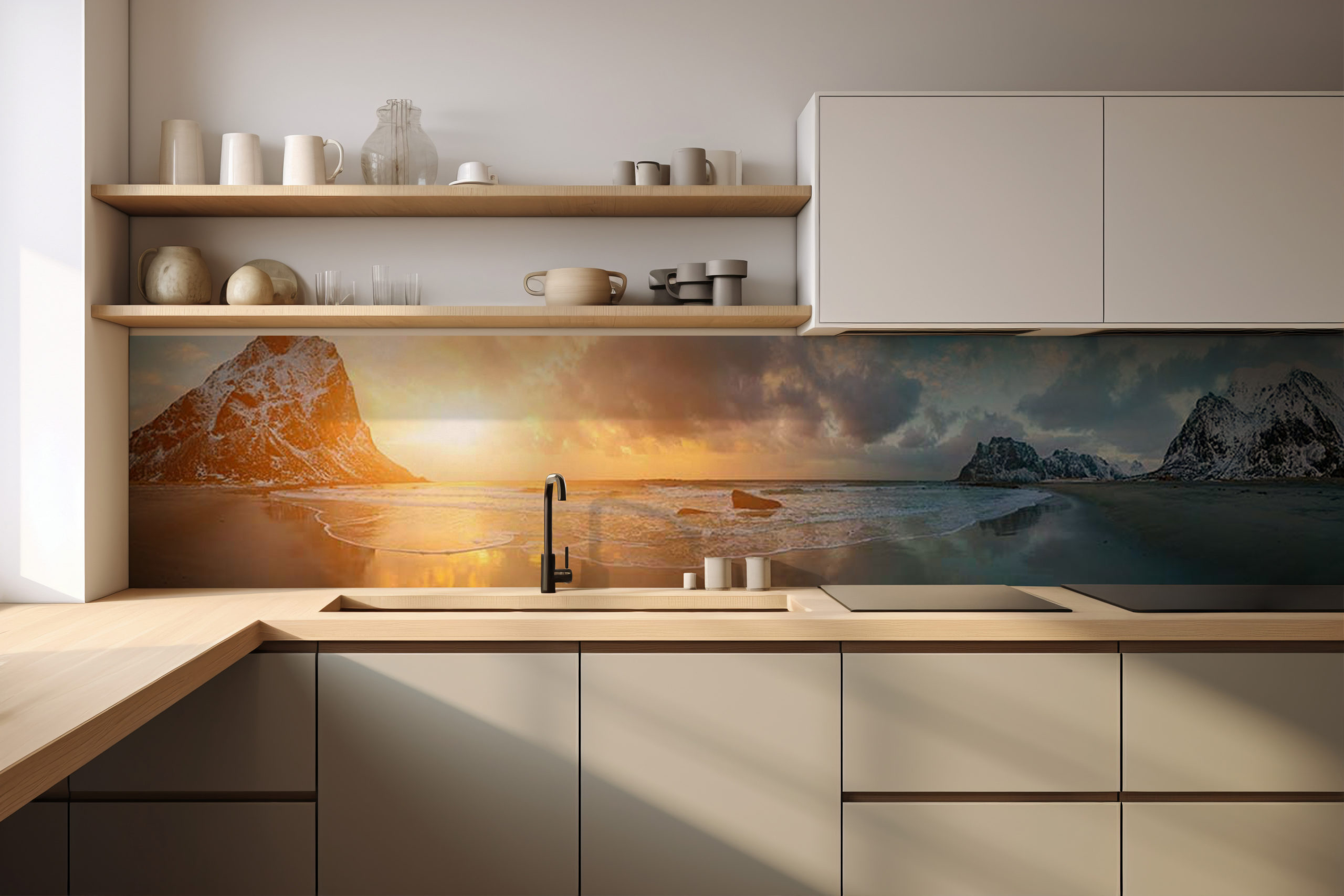 Küchenrückwand Sonne versinkt – selbstklebend in Glasoptik