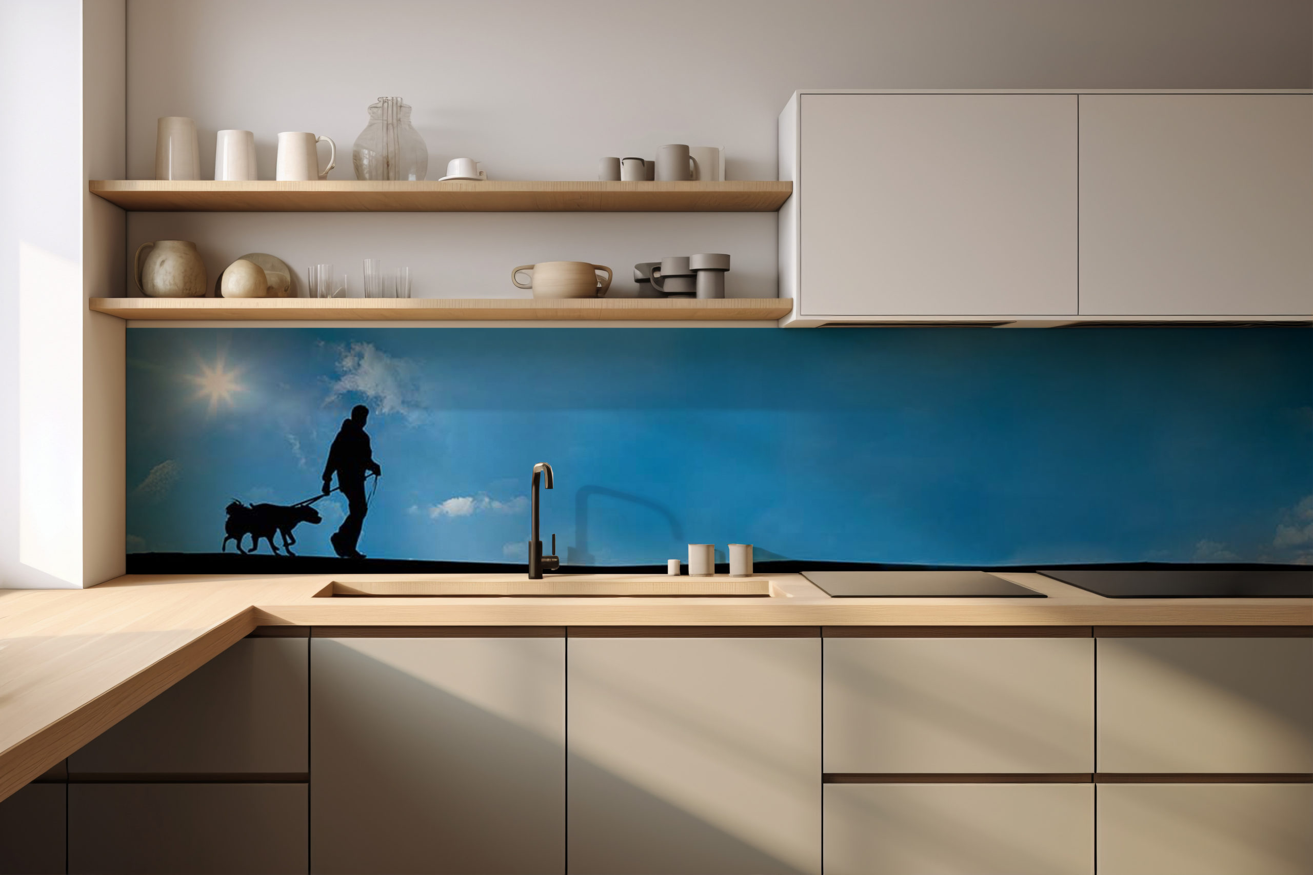 Küchenrückwand Spaziergang mit Hunden – selbstklebend in Glasoptik