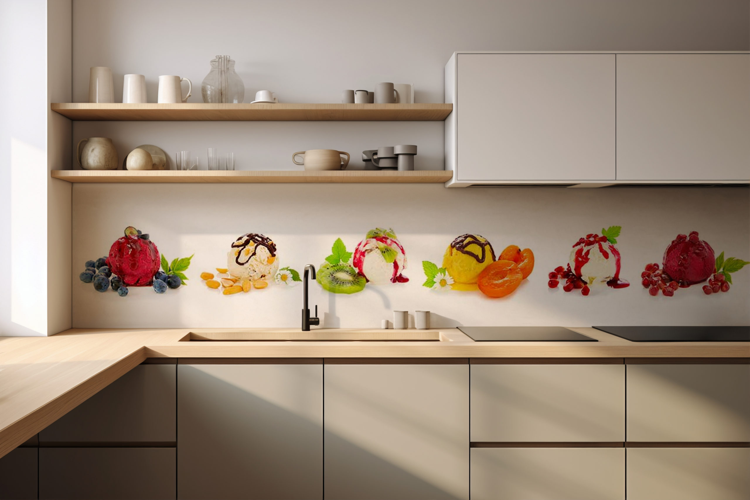 Küchenrückwand Speiseeis mit Sauce – selbstklebend in Glasoptik