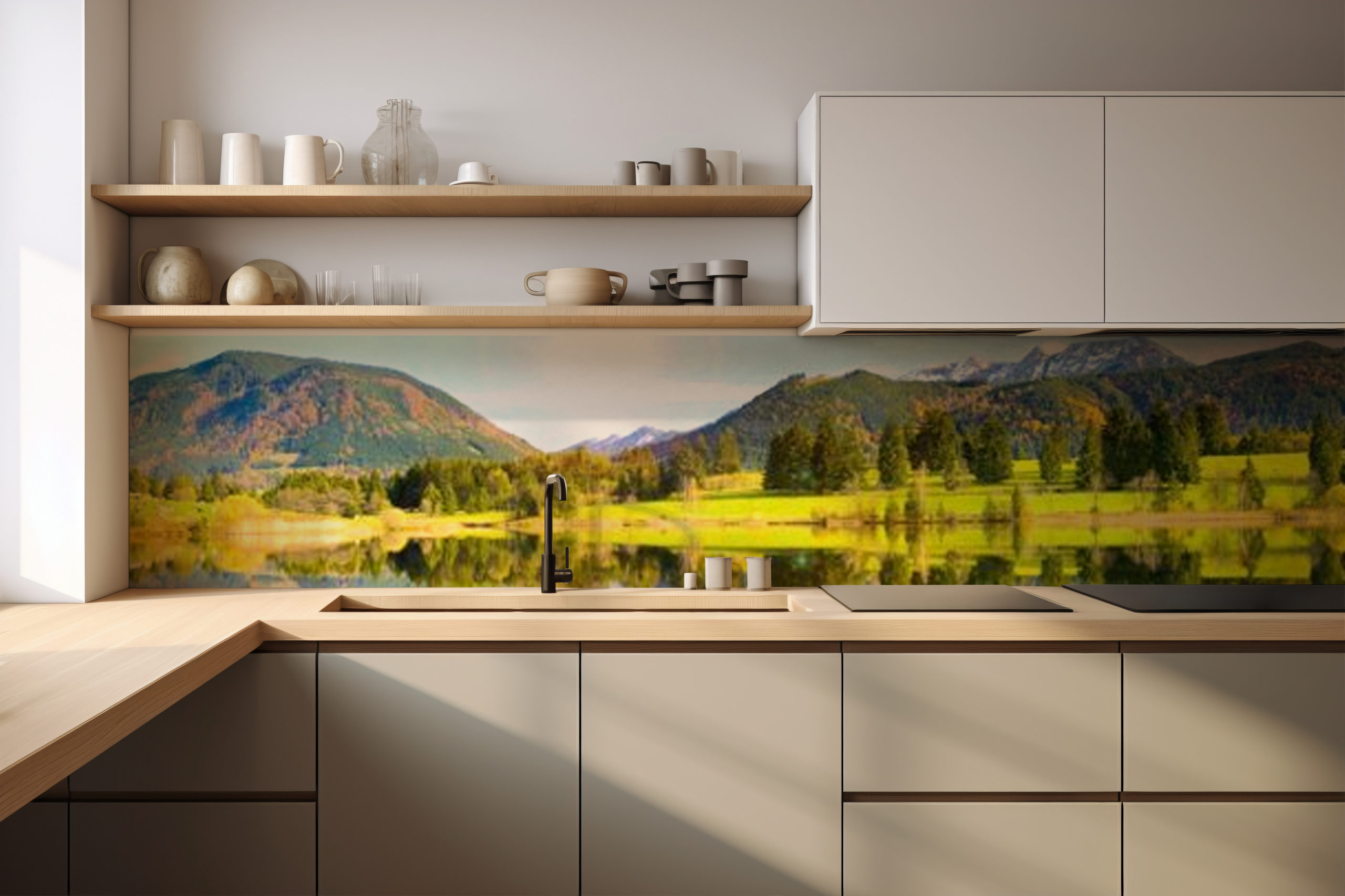 Küchenrückwand Spiegelsee – selbstklebend in Glasoptik