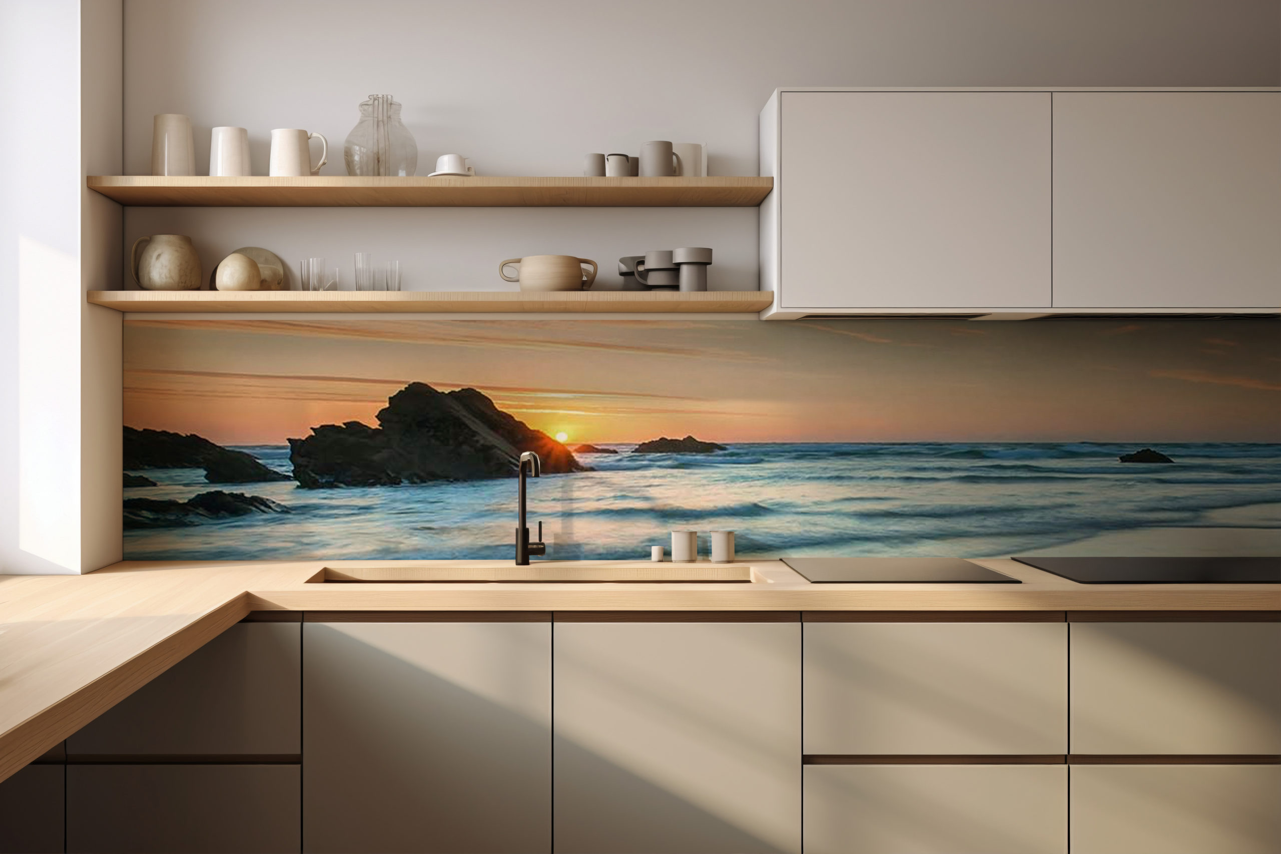 Küchenrückwand Strand im Sonnenuntergang – selbstklebend in Glasoptik