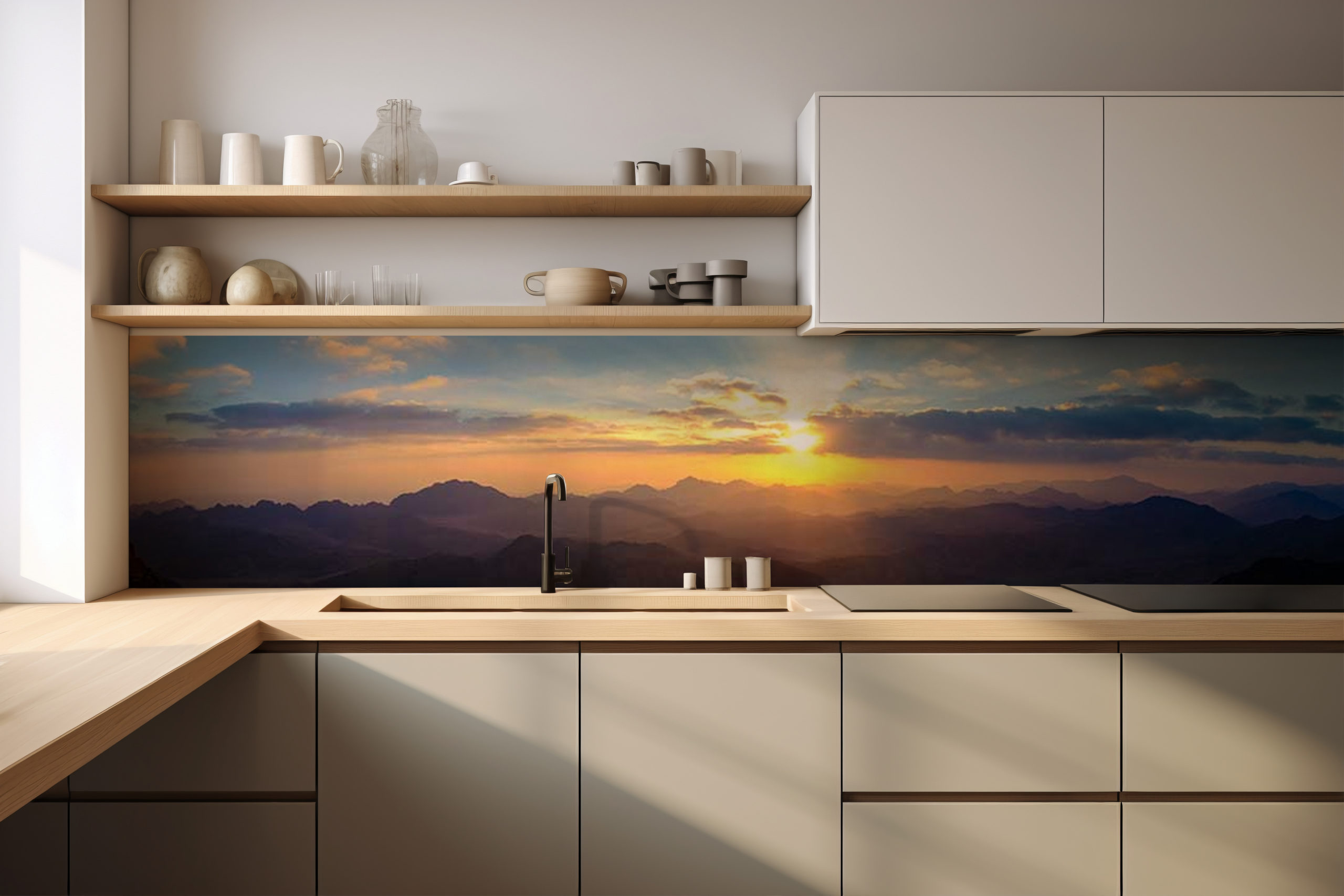 Küchenrückwand Über den Bergen – selbstklebend in Glasoptik