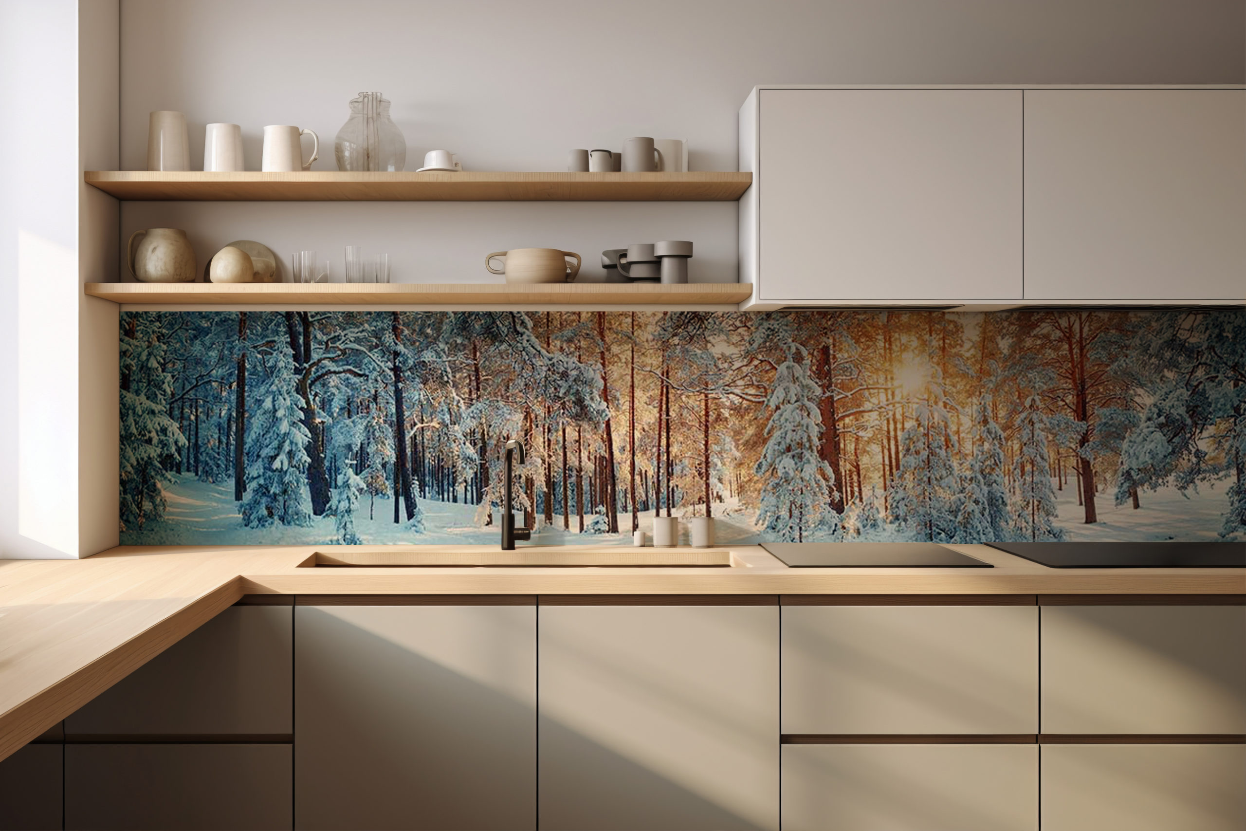 Küchenrückwand Wald im Schnee – selbstklebend in Glasoptik