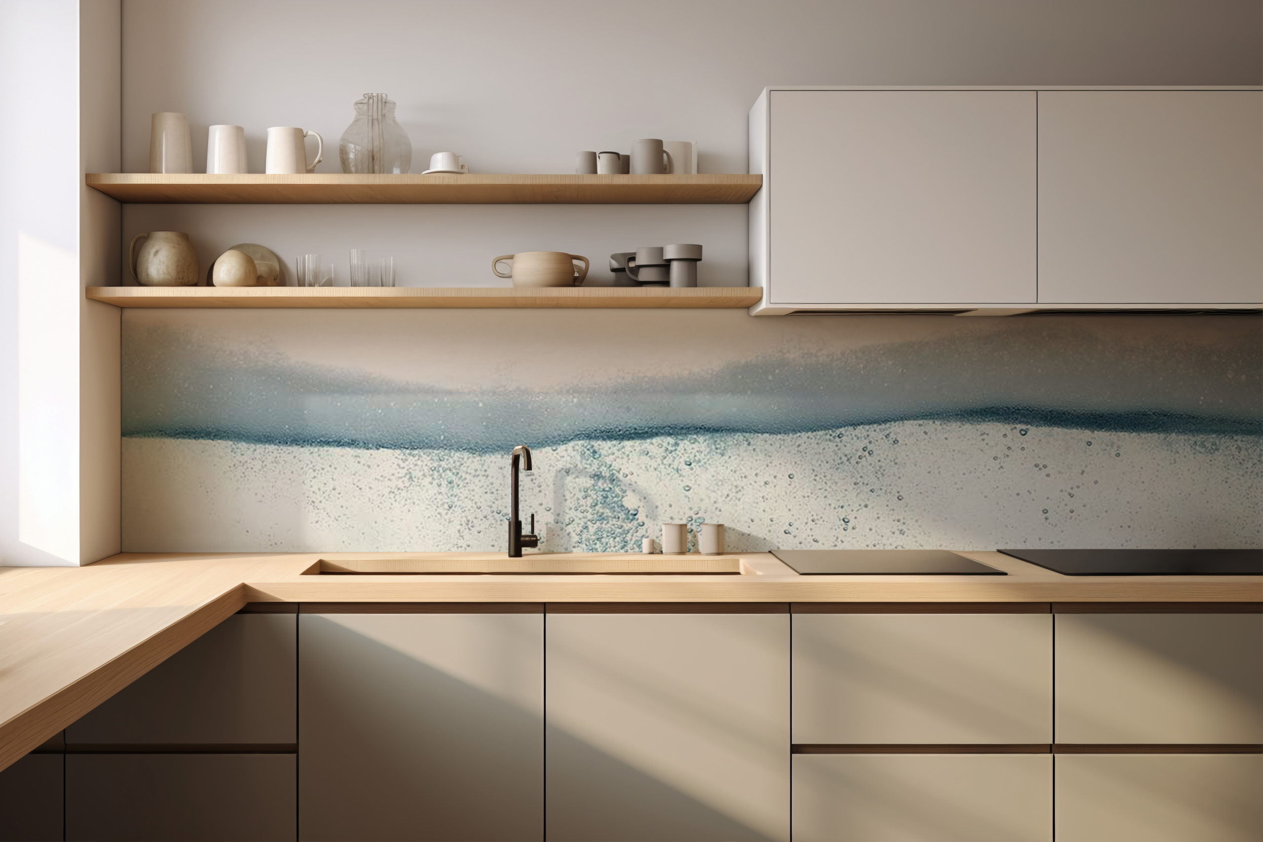Küchenrückwand Wasser auf weiß – selbstklebend in Glasoptik