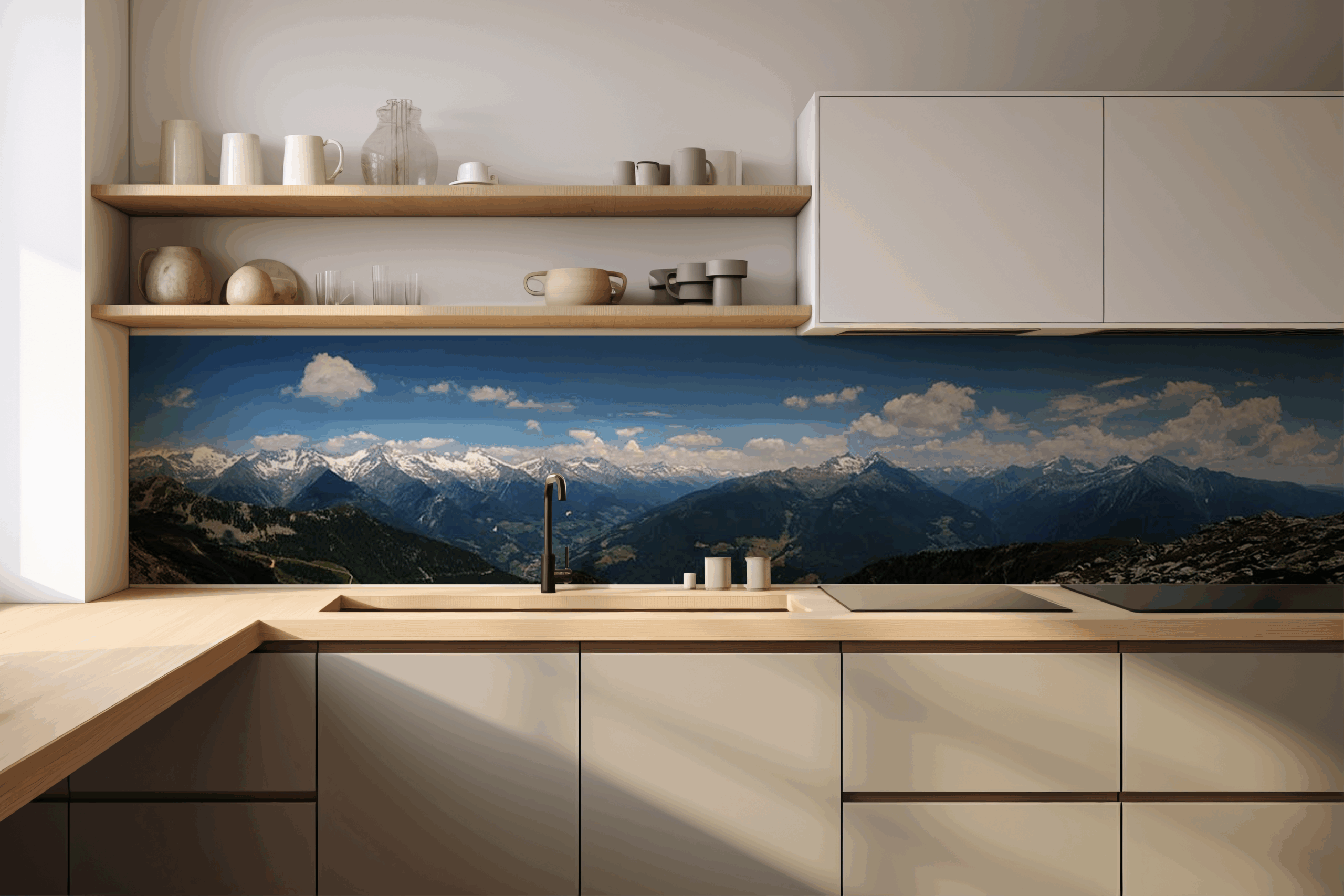 Küchenrückwand Bergpanorama – selbstklebend in Glasoptik